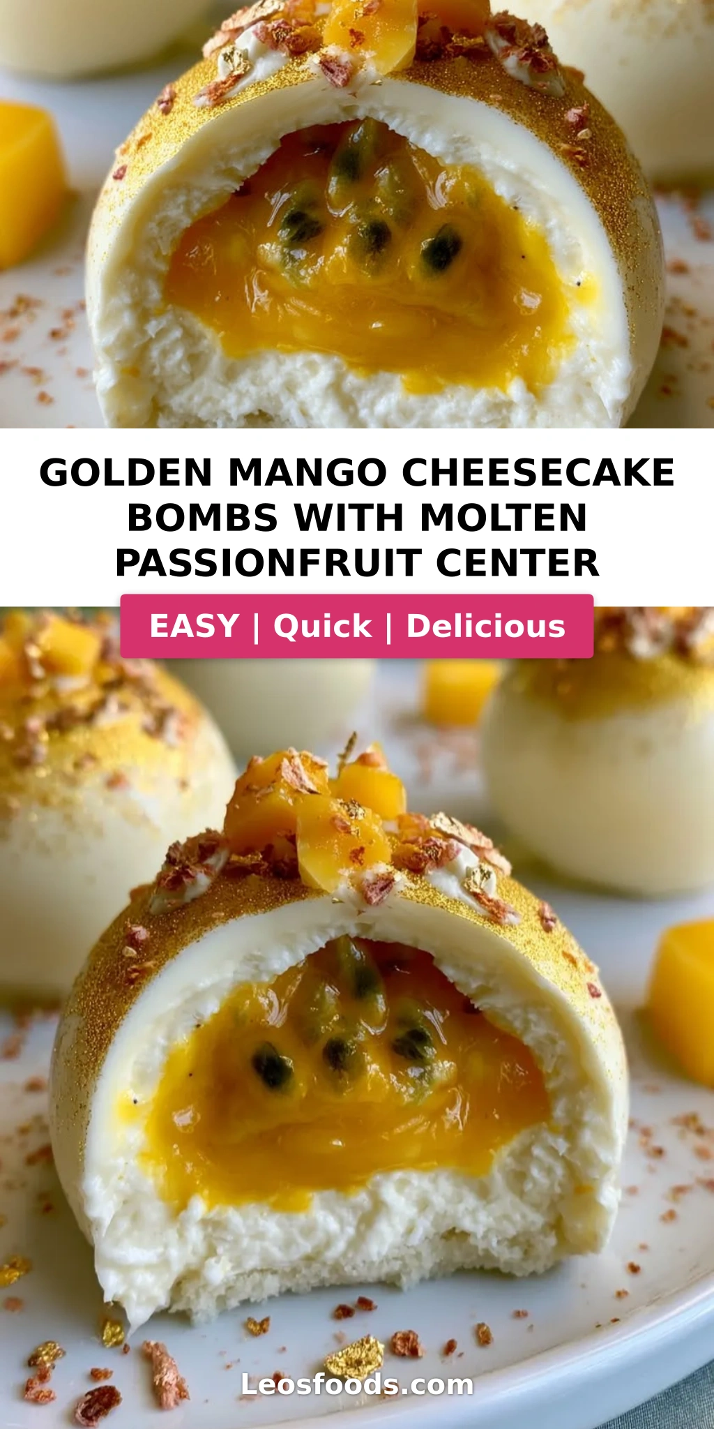 Golden Mango Cheesecake Bombs with Molten Passionfruit Center