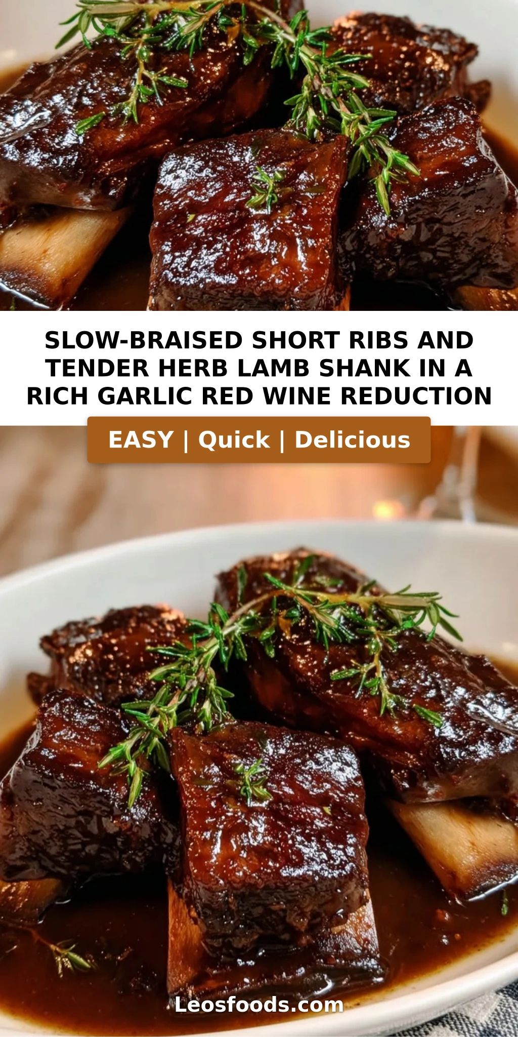 Slow-Braised Short Ribs and Tender Herb Lamb Shank in a Rich Garlic Red Wine Reduction