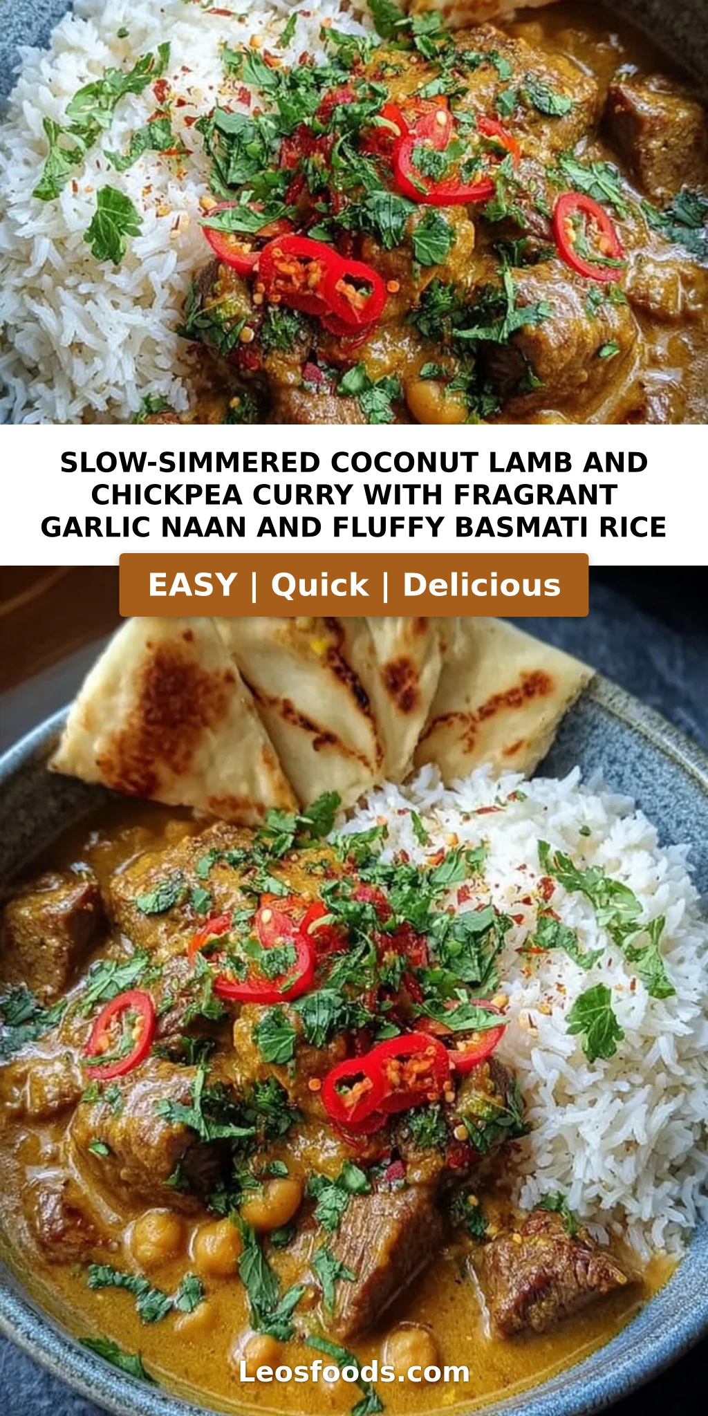 Slow-Simmered Coconut Lamb and Chickpea Curry with Fragrant Garlic Naan and Fluffy Basmati Rice