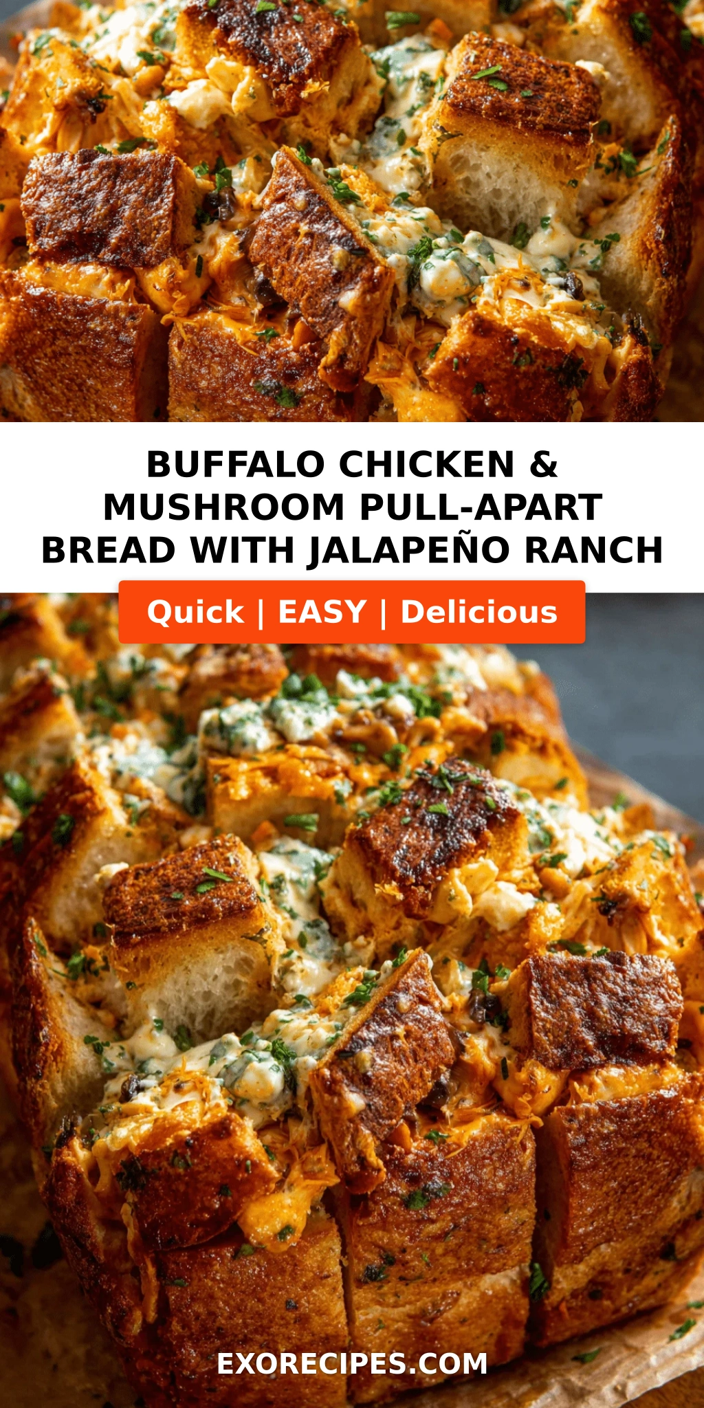 Buffalo Chicken & Mushroom Pull-Apart Bread with Jalapeño Ranch