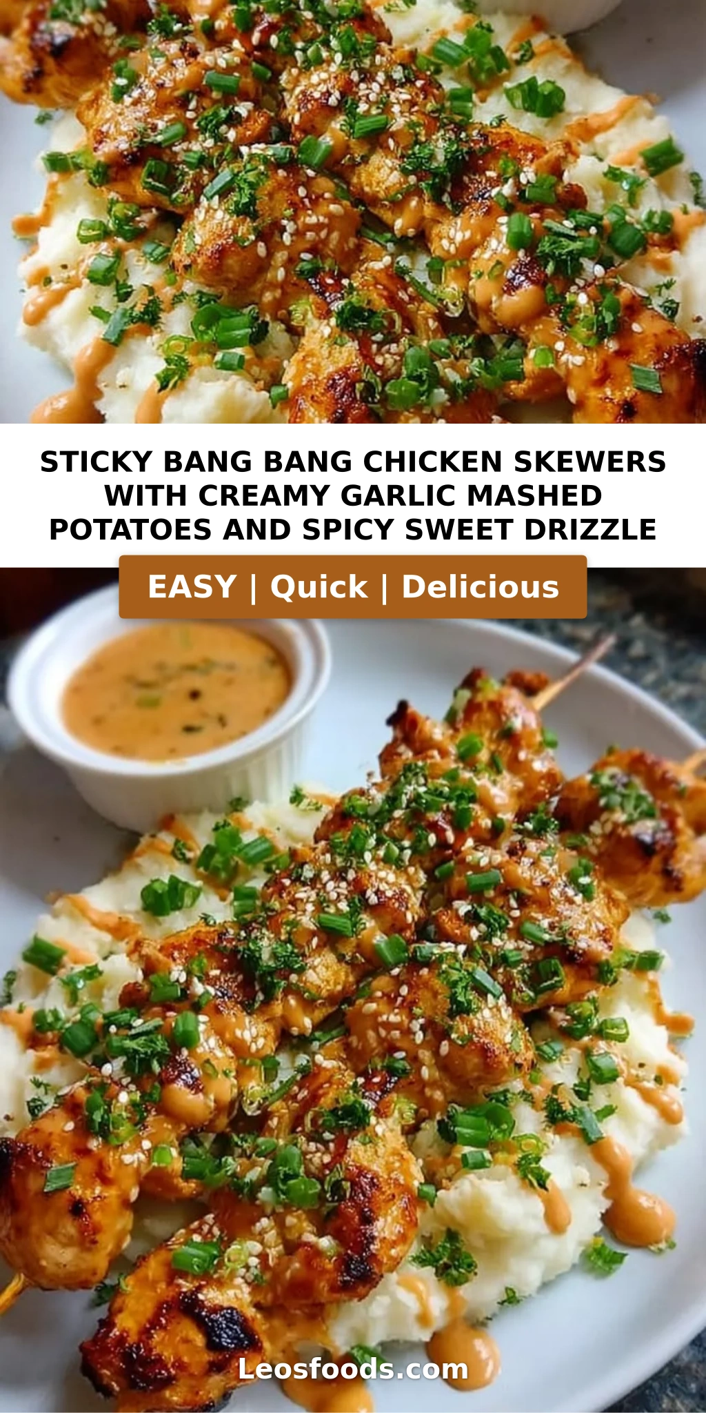 Sticky Bang Bang Chicken Skewers with Creamy Garlic Mashed Potatoes and Spicy Sweet Drizzle
