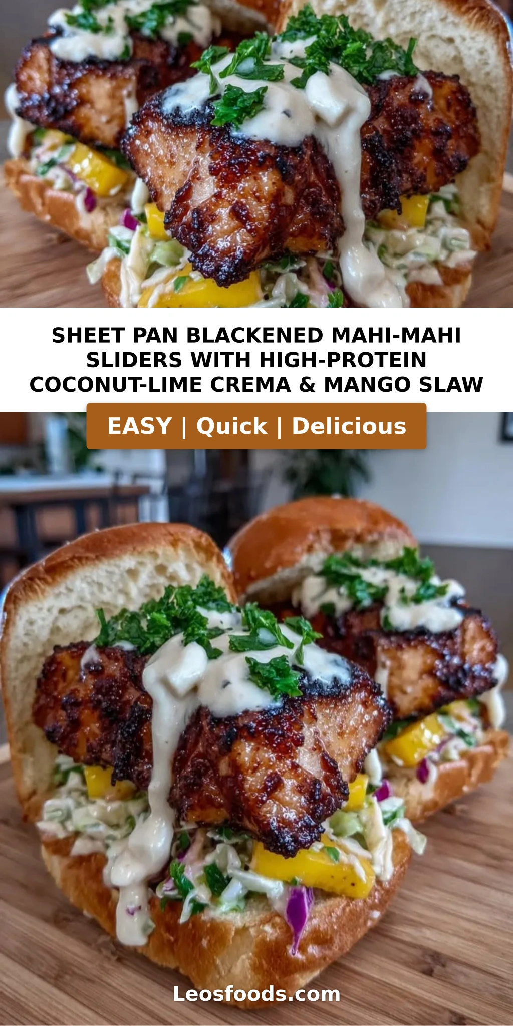 Sheet Pan Blackened Mahi-Mahi Sliders with High-Protein Coconut-Lime Crema & Mango Slaw