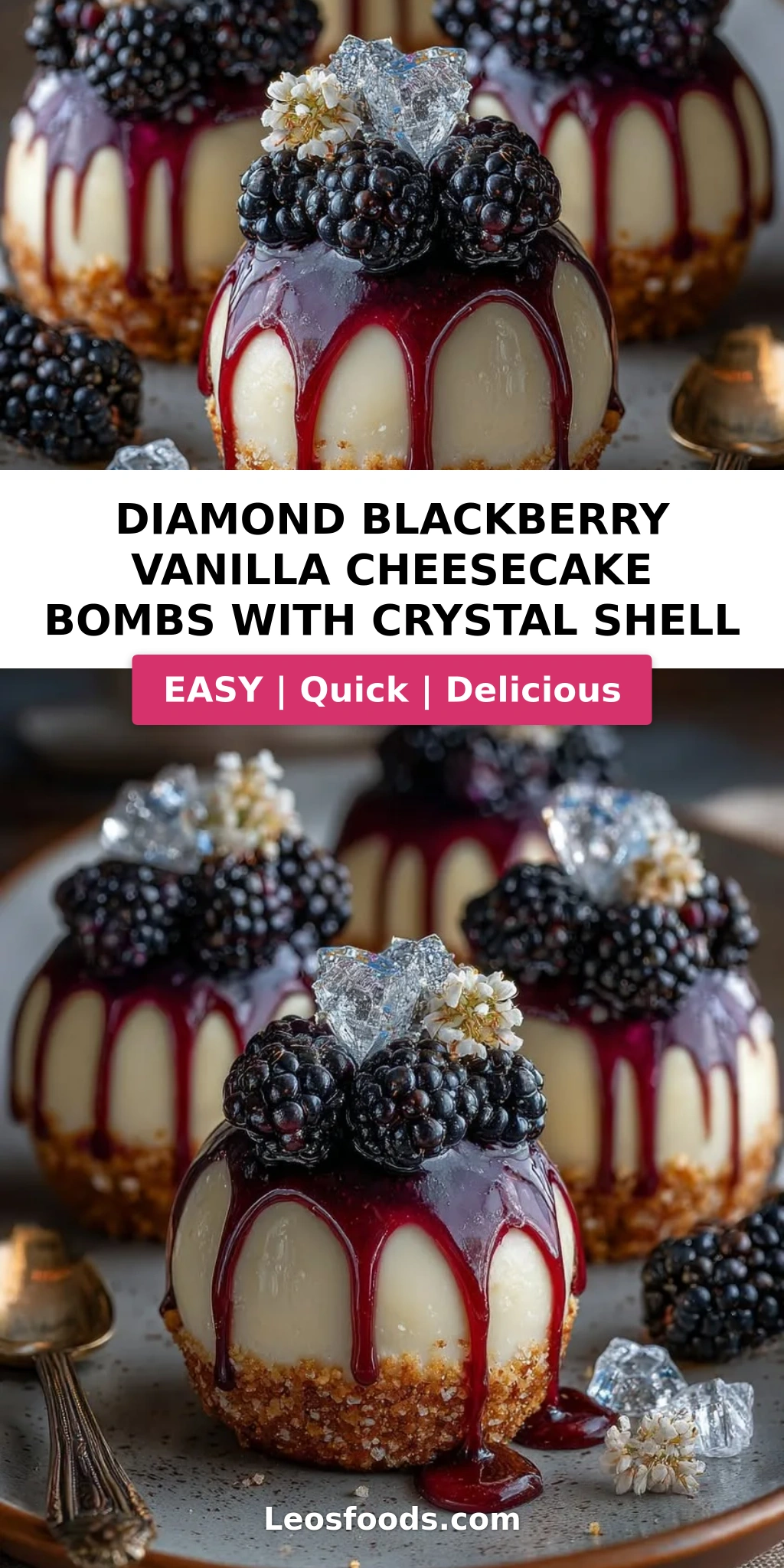 Diamond Blackberry Vanilla Cheesecake Bombs with Crystal Shell