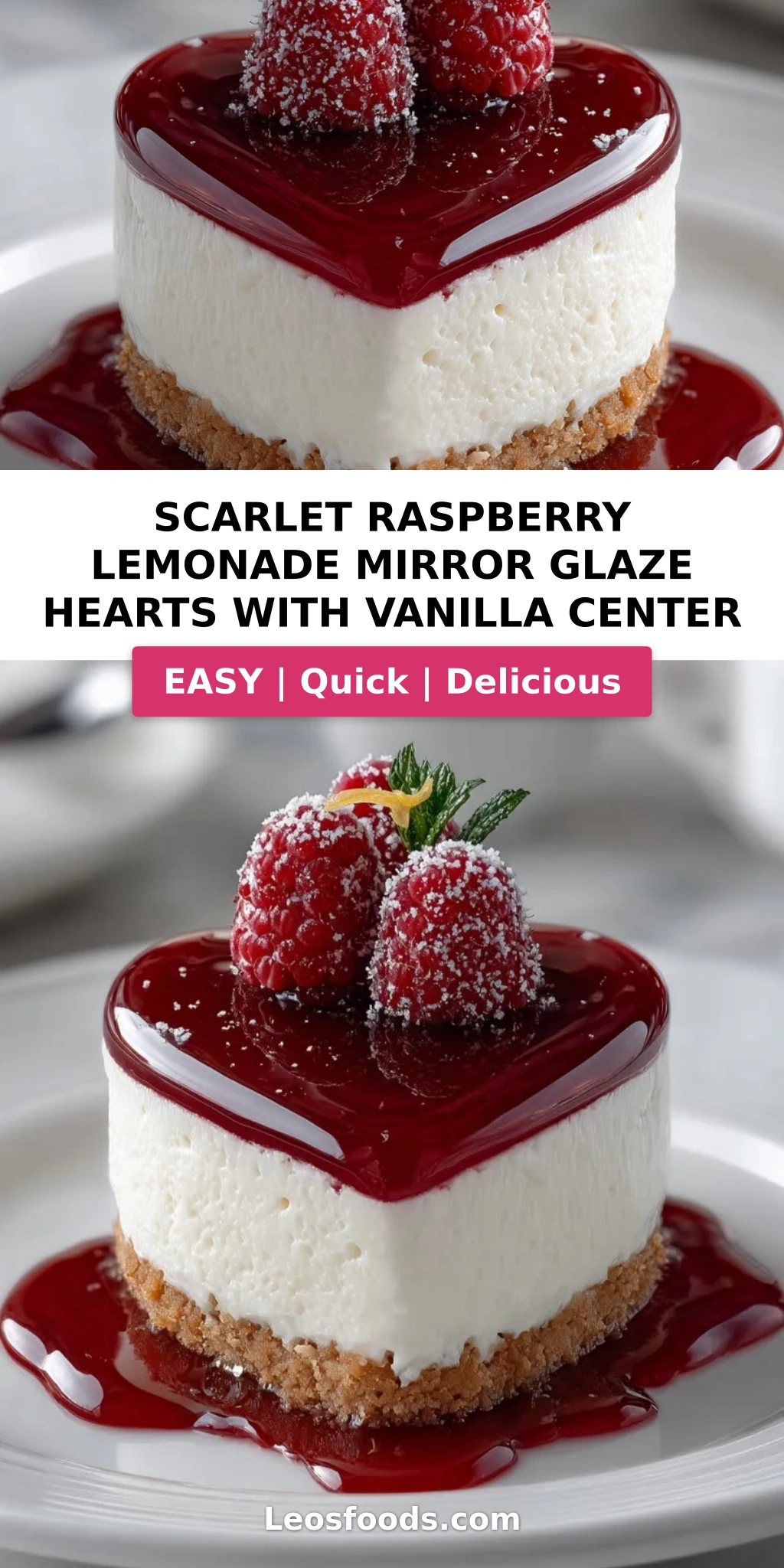 Scarlet Raspberry Lemonade Mirror Glaze Hearts with Vanilla Center
