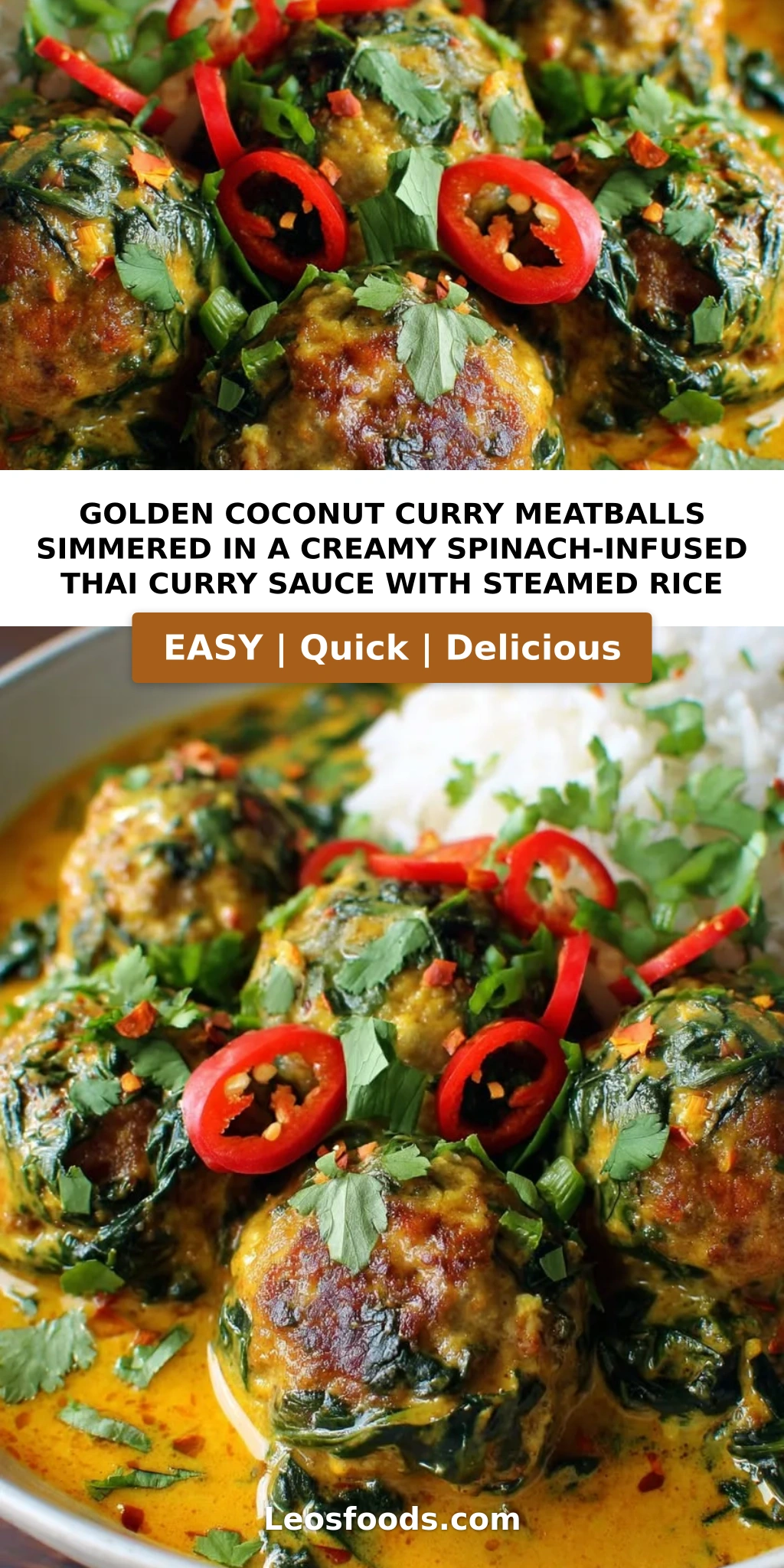 Golden Coconut Curry Meatballs Simmered in a Creamy Spinach-Infused Thai Curry Sauce with Steamed Rice