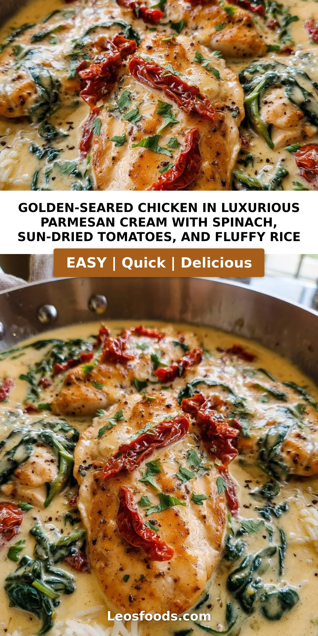 Golden-Seared Chicken in Luxurious Parmesan Cream with Spinach, Sun-Dried Tomatoes, and Fluffy Rice