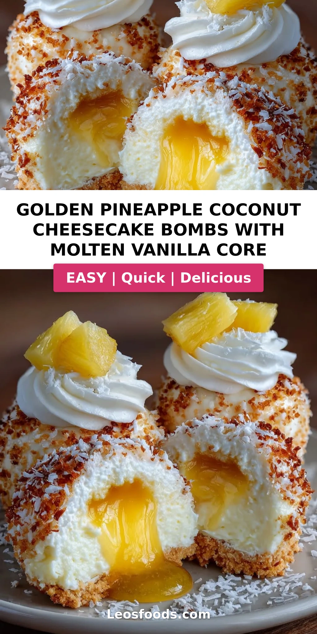 Golden Pineapple Coconut Cheesecake Bombs with Molten Vanilla Core