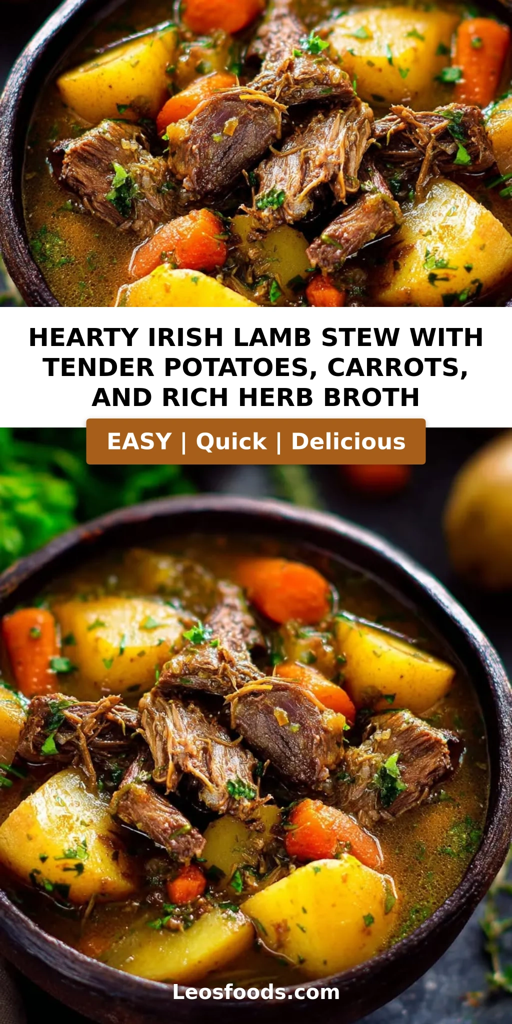 Hearty Irish Lamb Stew with Tender Potatoes, Carrots, and Rich Herb Broth
