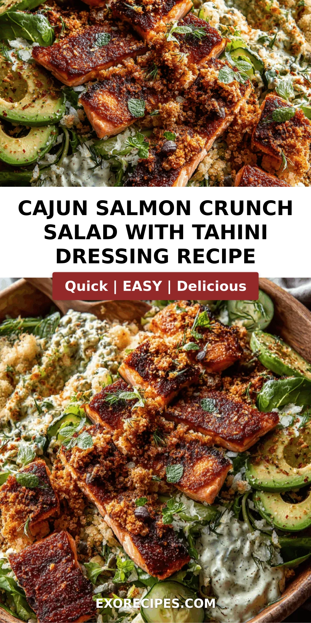 Cajun Salmon Crunch Salad with Tahini Dressing, Capers & Avocado