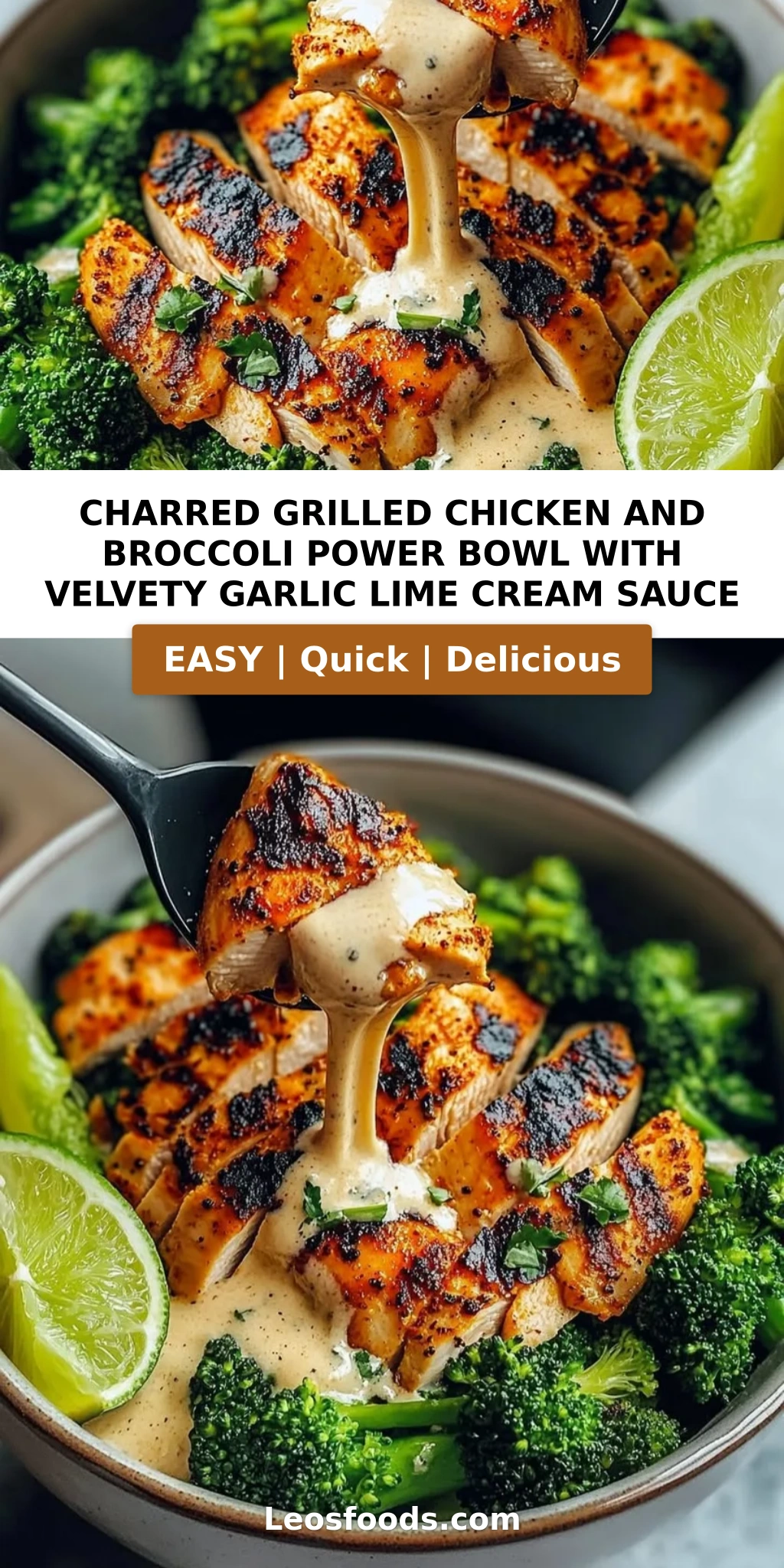 Charred Grilled Chicken and Broccoli Power Bowl with Velvety Garlic Lime Cream Sauce