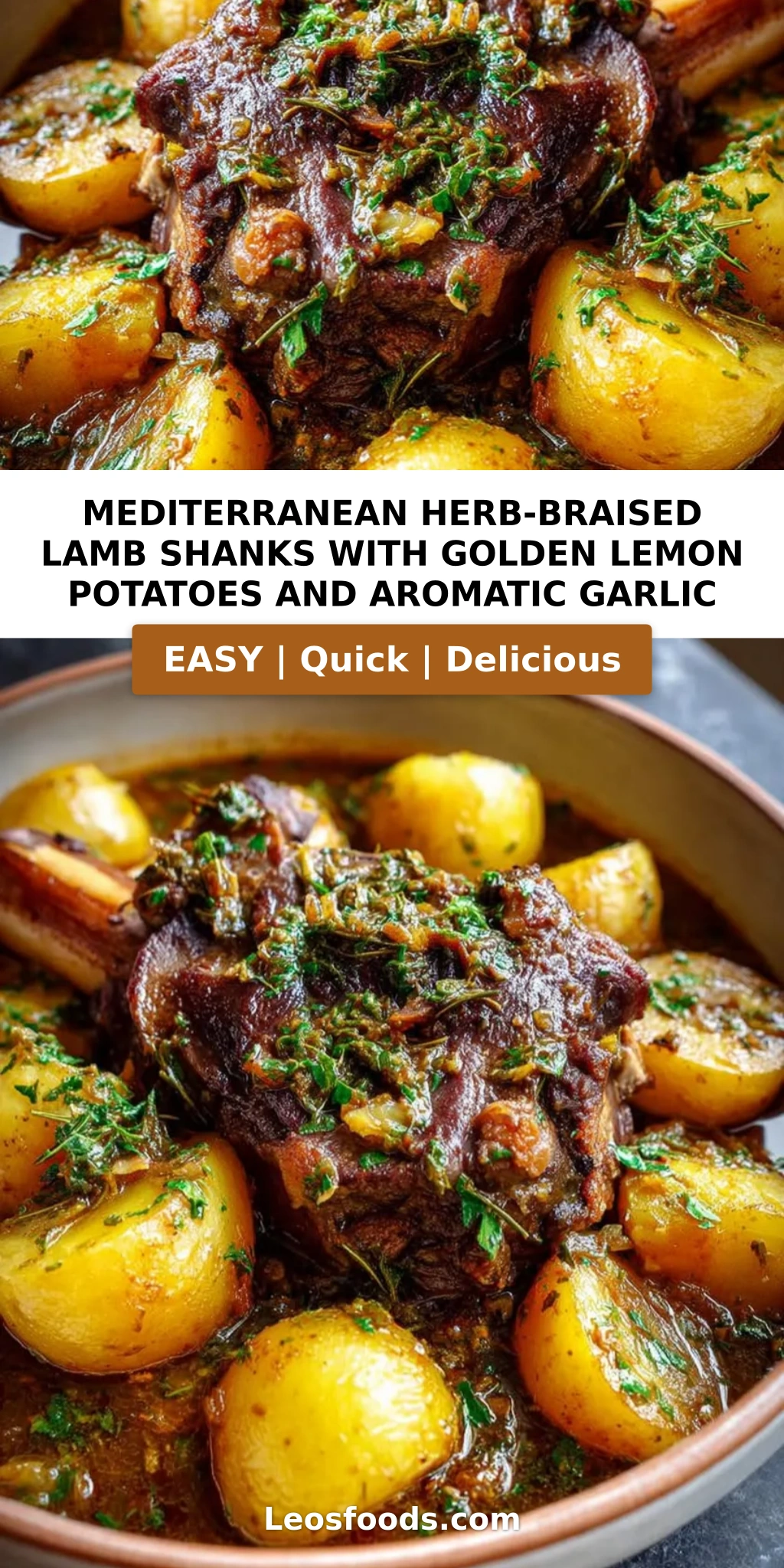 Mediterranean Herb-Braised Lamb Shanks with Golden Lemon Potatoes and Aromatic Garlic