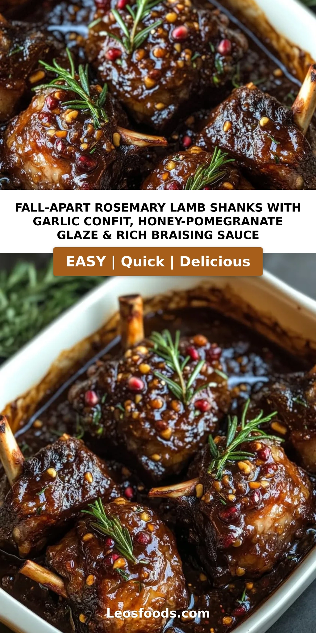 Fall-Apart Rosemary Lamb Shanks with Garlic Confit, Honey-Pomegranate Glaze & Rich Braising Sauce