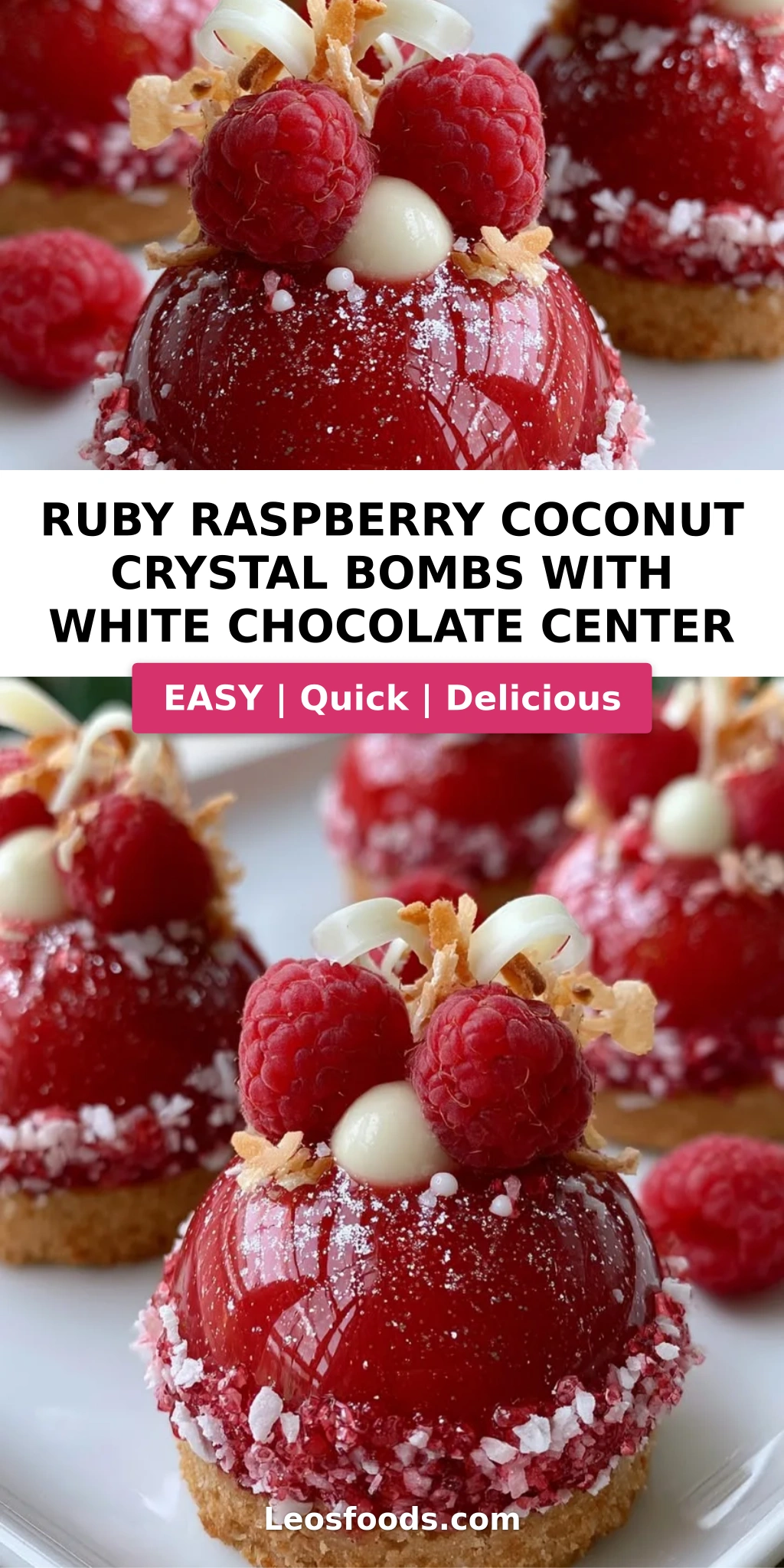 Ruby Raspberry Coconut Crystal Bombs with White Chocolate Center