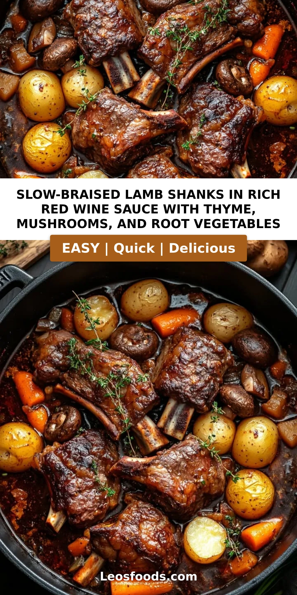 Slow-Braised Lamb Shanks in Rich Red Wine Sauce with Thyme, Mushrooms, and Root Vegetables