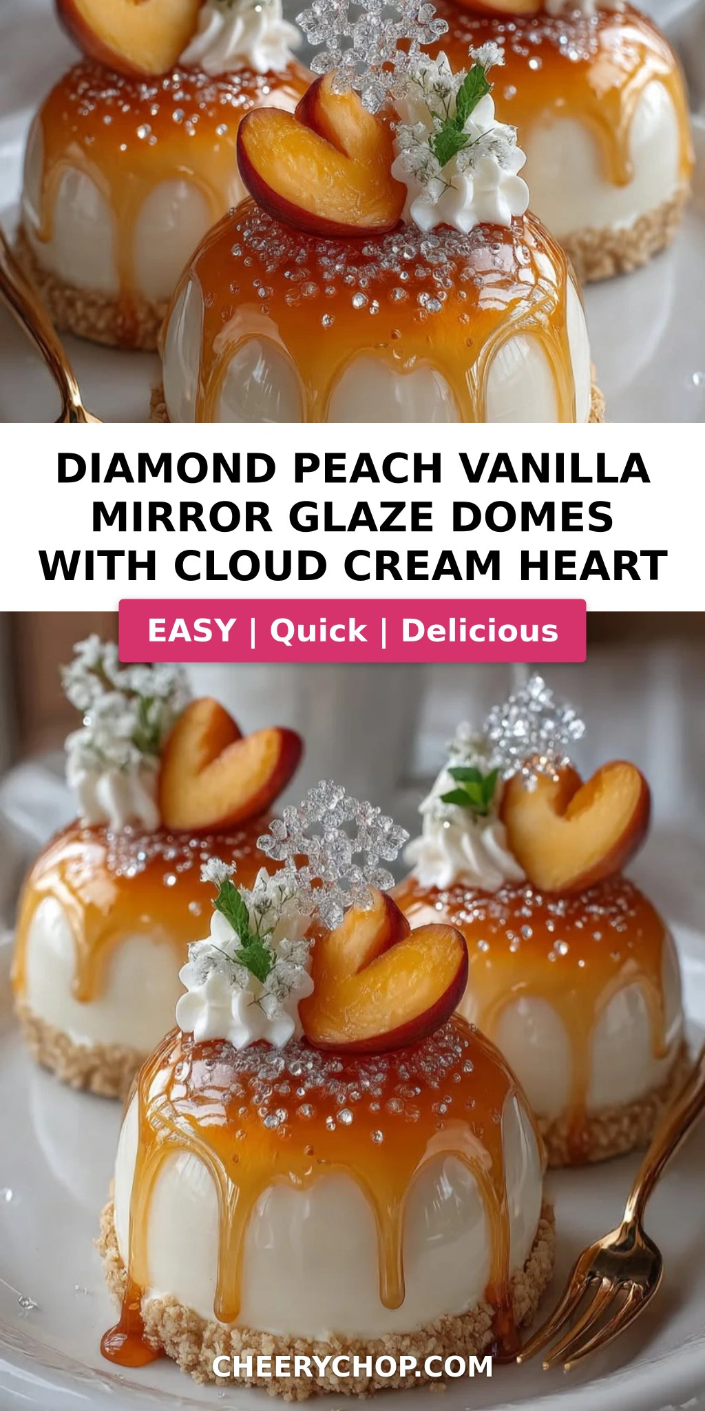 Diamond Peach Vanilla Mirror Glaze Domes with Cloud Cream Heart