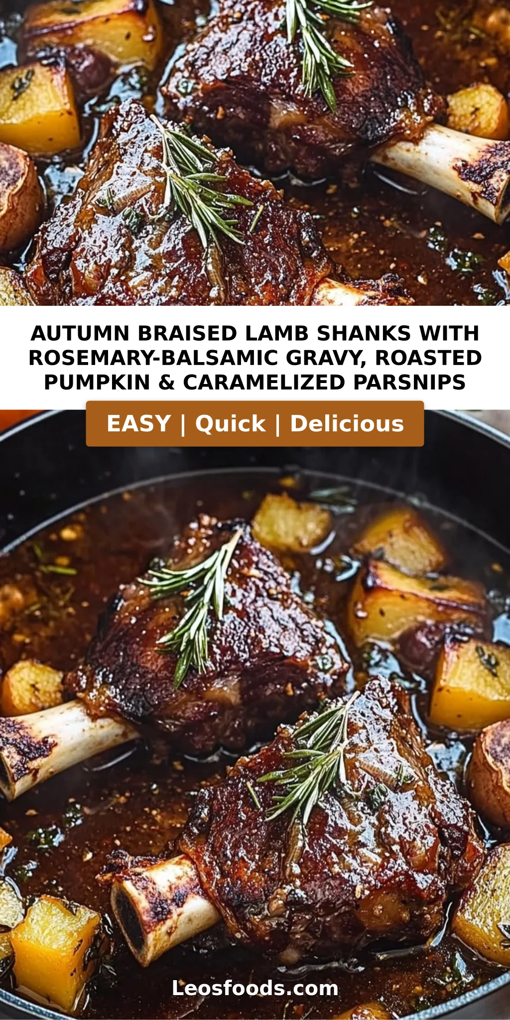 Autumn Braised Lamb Shanks with Rosemary-Balsamic Gravy, Roasted Pumpkin & Caramelized Parsnips