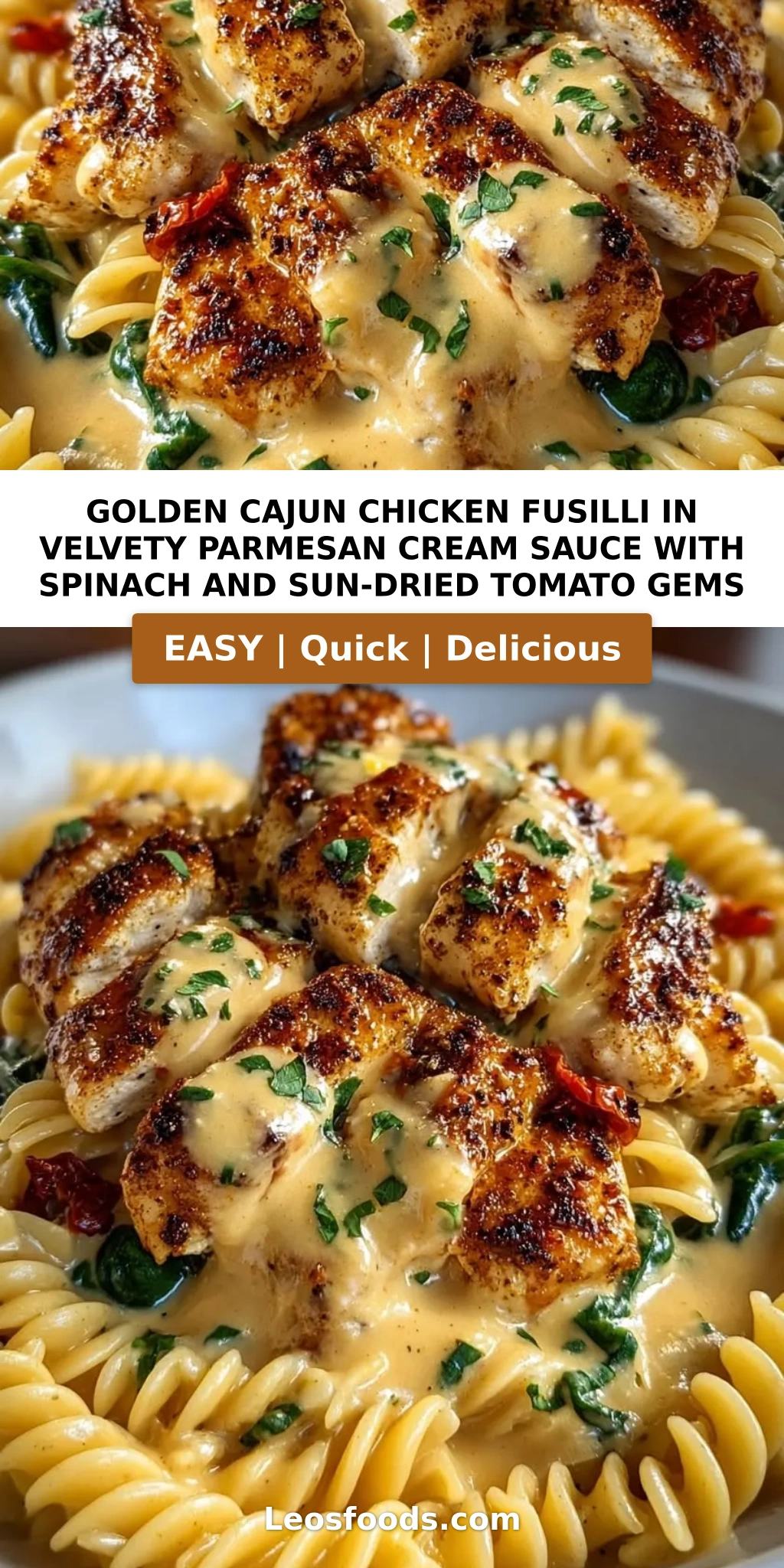 Golden Cajun Chicken Fusilli in Velvety Parmesan Cream Sauce with Spinach and Sun-Dried Tomato Gems