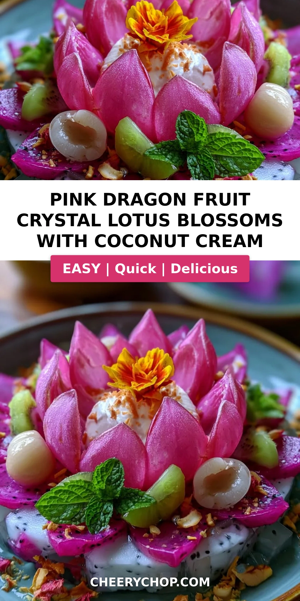 Pink Dragon Fruit Crystal Lotus Blossoms with Coconut Cream