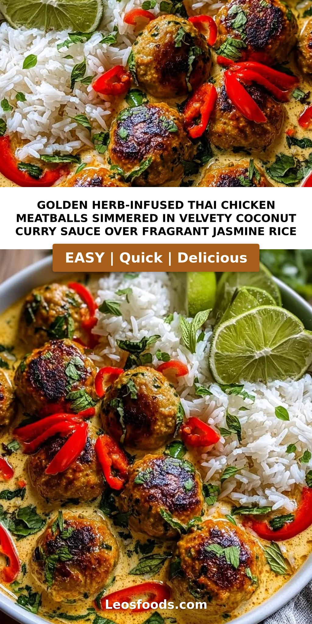 Golden Herb-Infused Thai Chicken Meatballs Simmered in Velvety Coconut Curry Sauce Over Fragrant Jasmine Rice