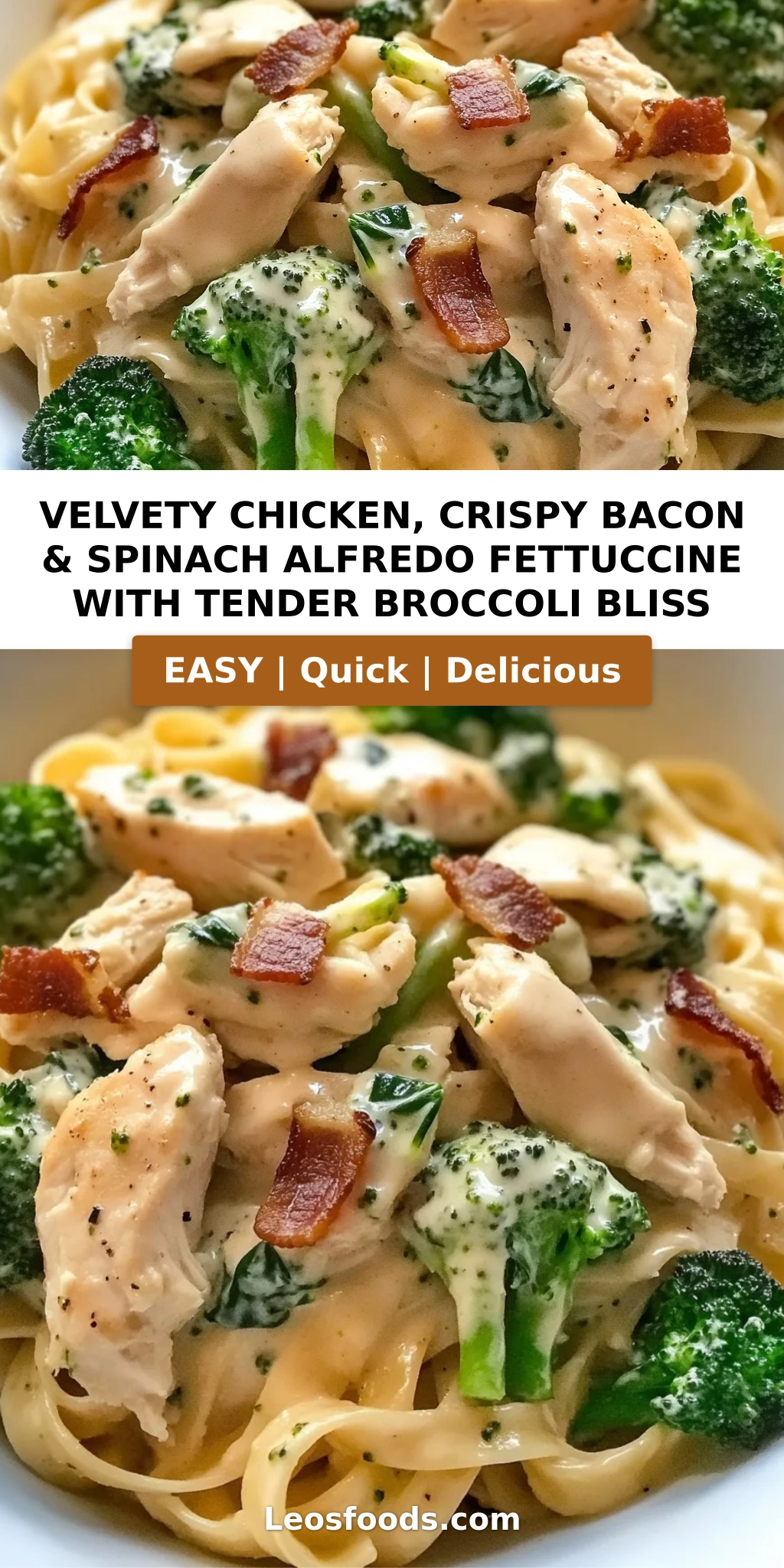 Velvety Chicken, Crispy Bacon & Spinach Alfredo Fettuccine with Tender Broccoli Bliss