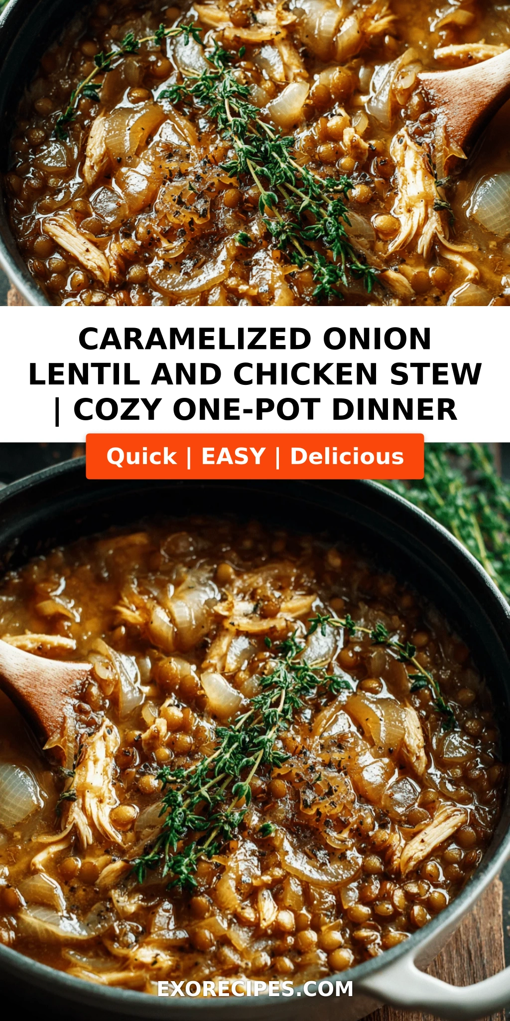 Caramelized Onion, Lentil & Shredded Chicken Stew for Deep Comfort