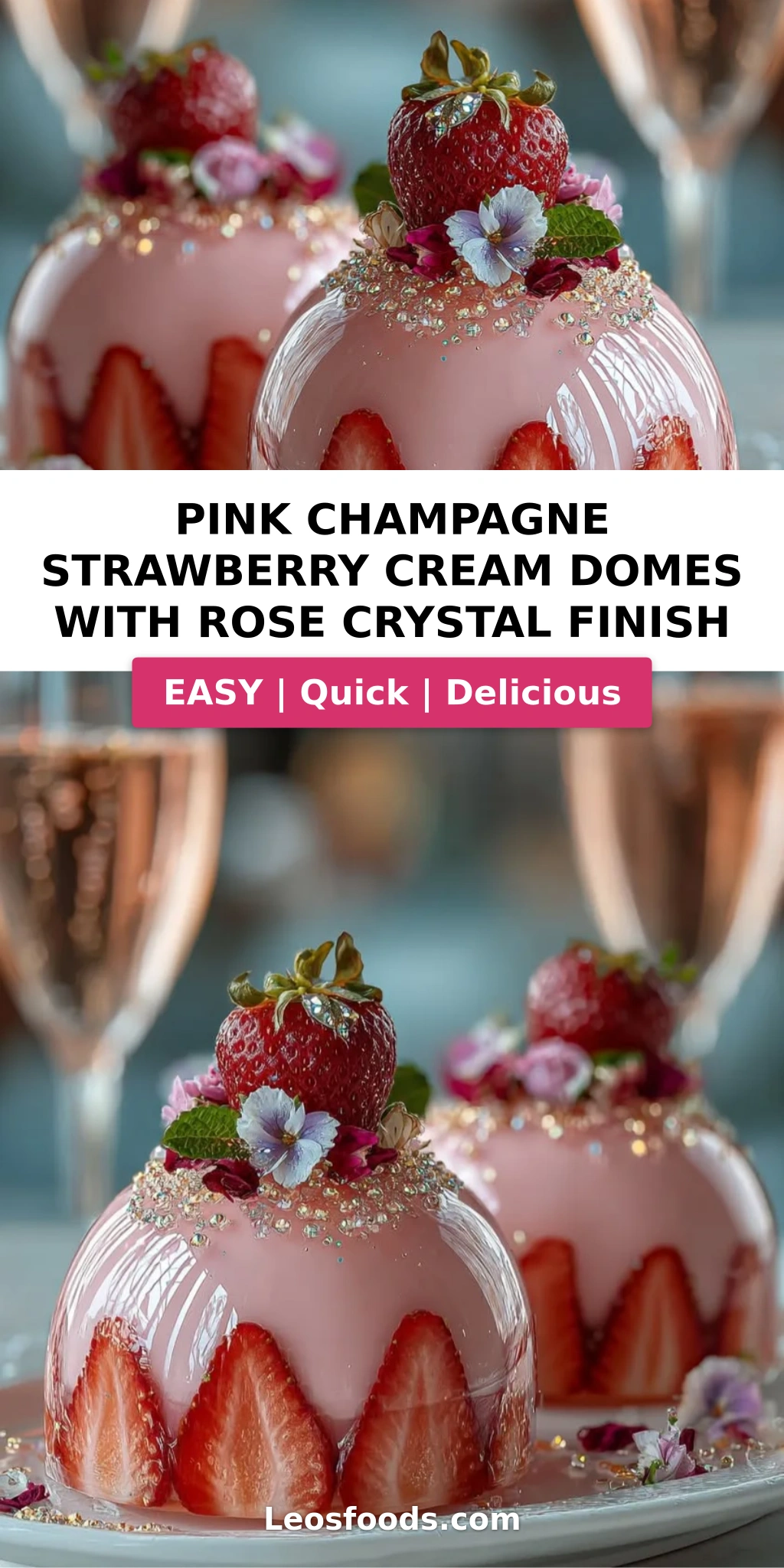 Pink Champagne Strawberry Cream Domes with Rose Crystal Finish