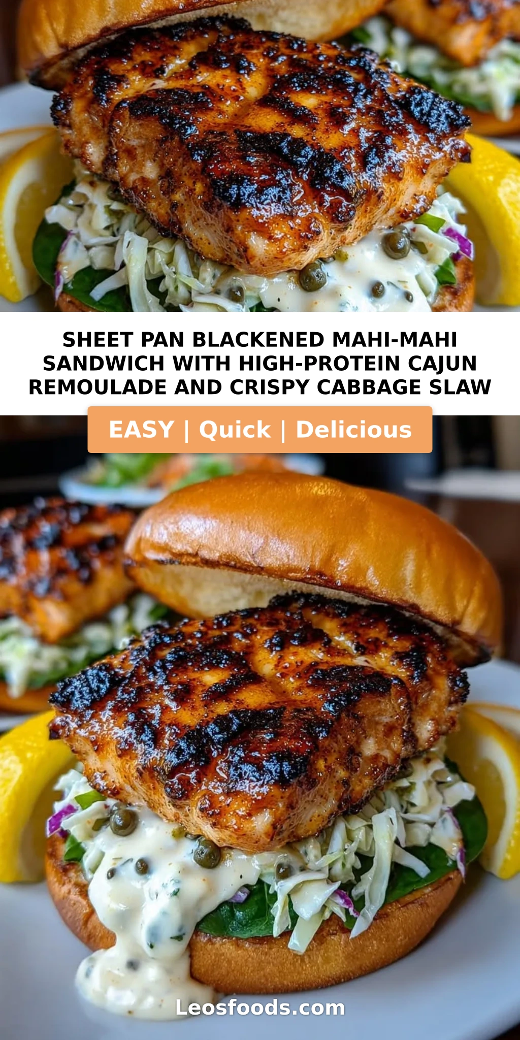 Sheet Pan Blackened Mahi-Mahi Sandwich with High-Protein Cajun Remoulade and Crispy Cabbage Slaw