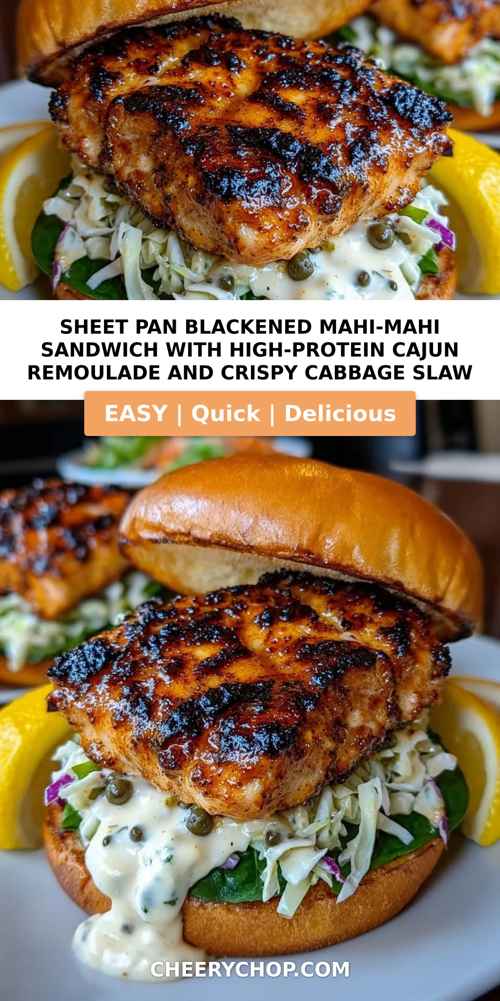 Sheet Pan Blackened Mahi-Mahi Sandwich with High-Protein Cajun Remoulade and Crispy Cabbage Slaw