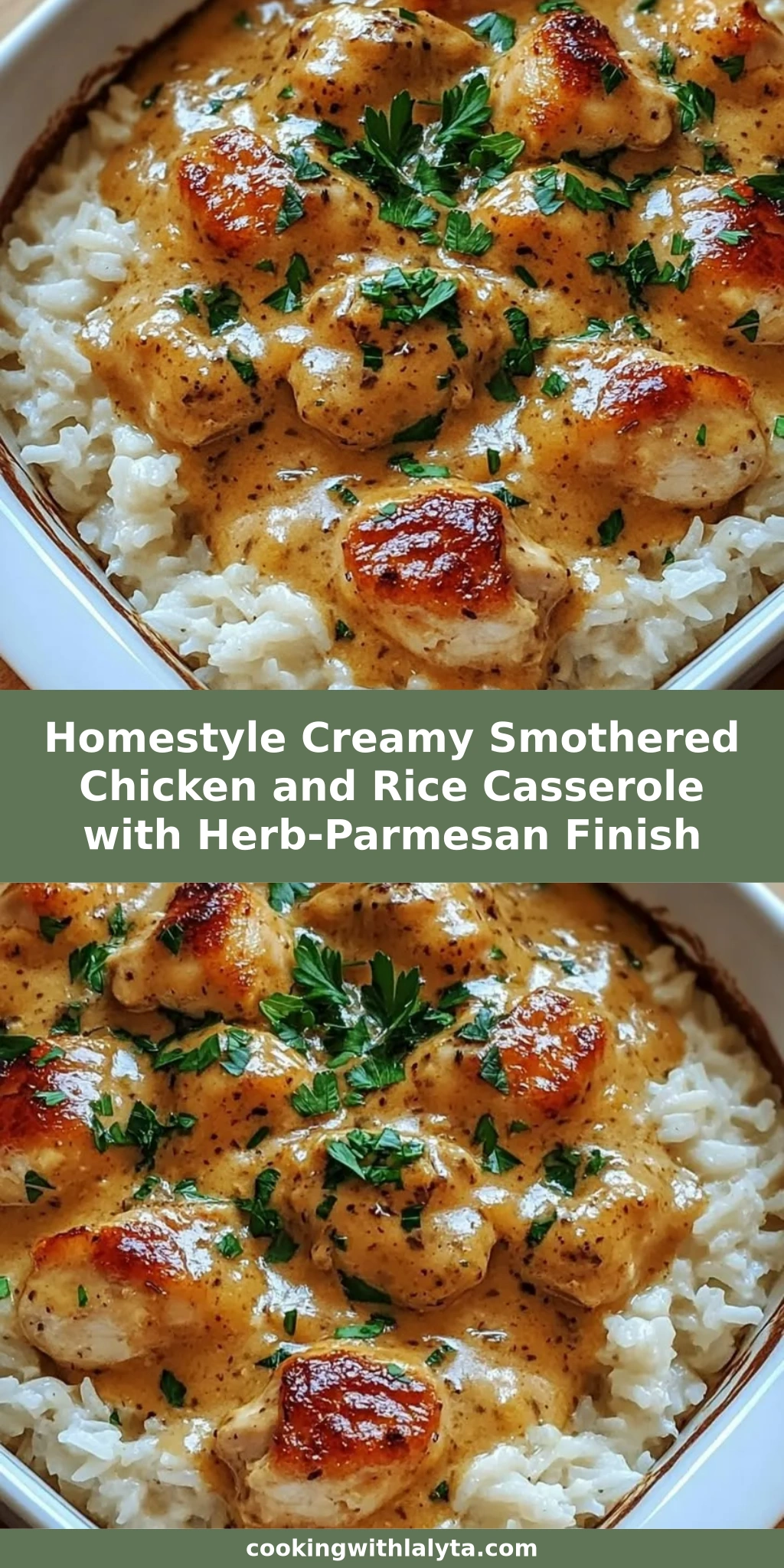 Homestyle Creamy Smothered Chicken and Rice Casserole with Herb-Parmesan Finish
