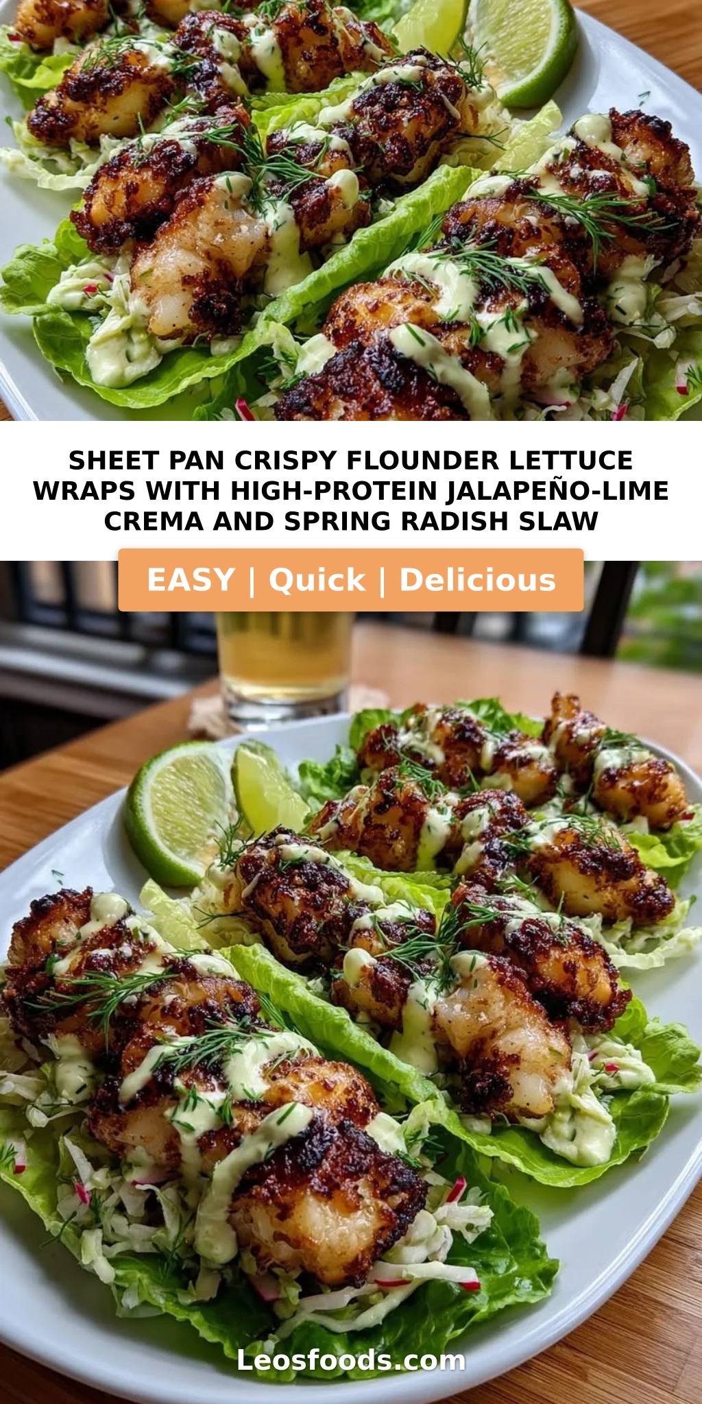 Sheet Pan Crispy Flounder Lettuce Wraps with High-Protein Jalapeño-Lime Crema and Spring Radish Slaw