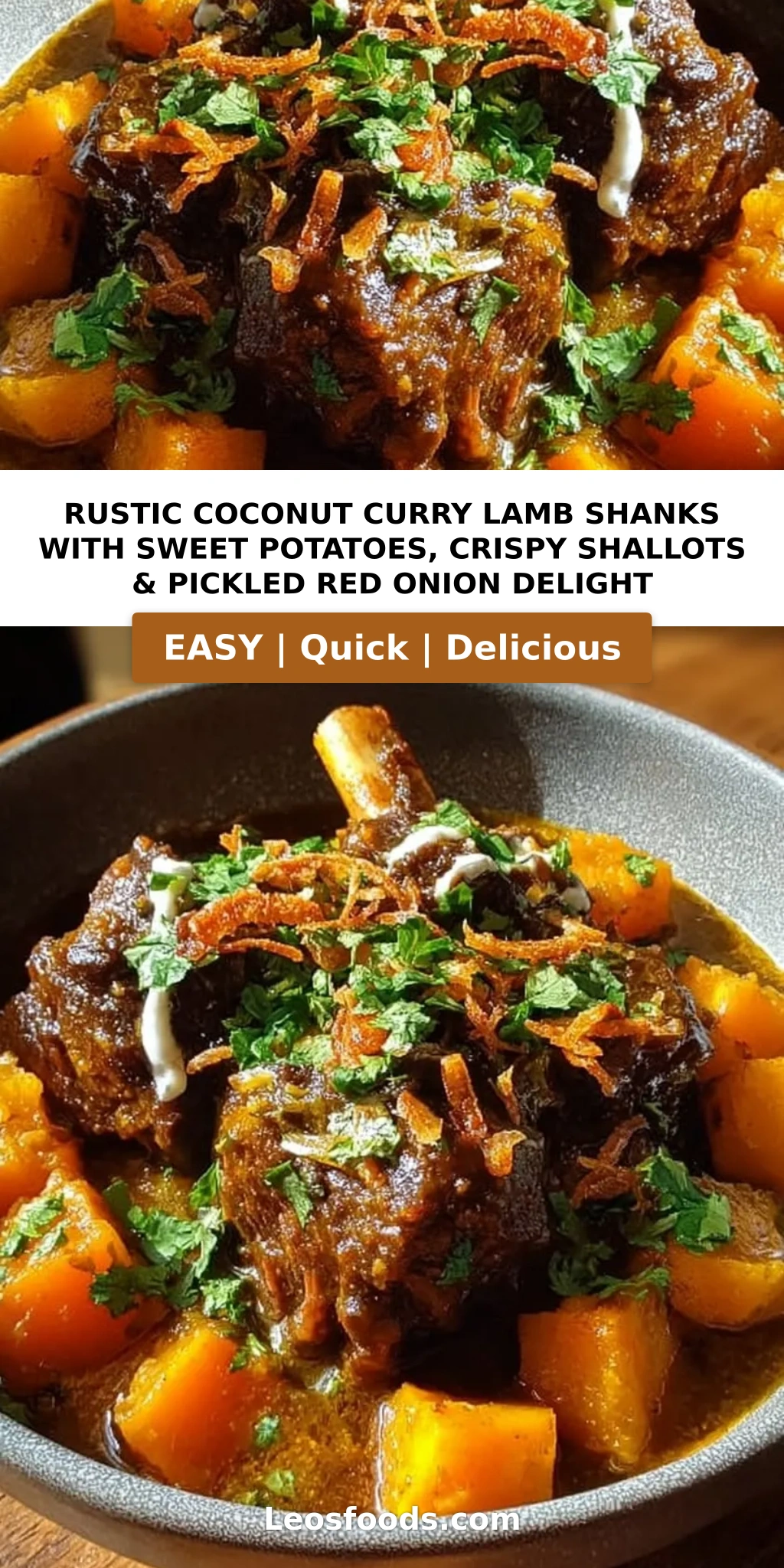 Rustic Coconut Curry Lamb Shanks with Sweet Potatoes, Crispy Shallots & Pickled Red Onion Delight