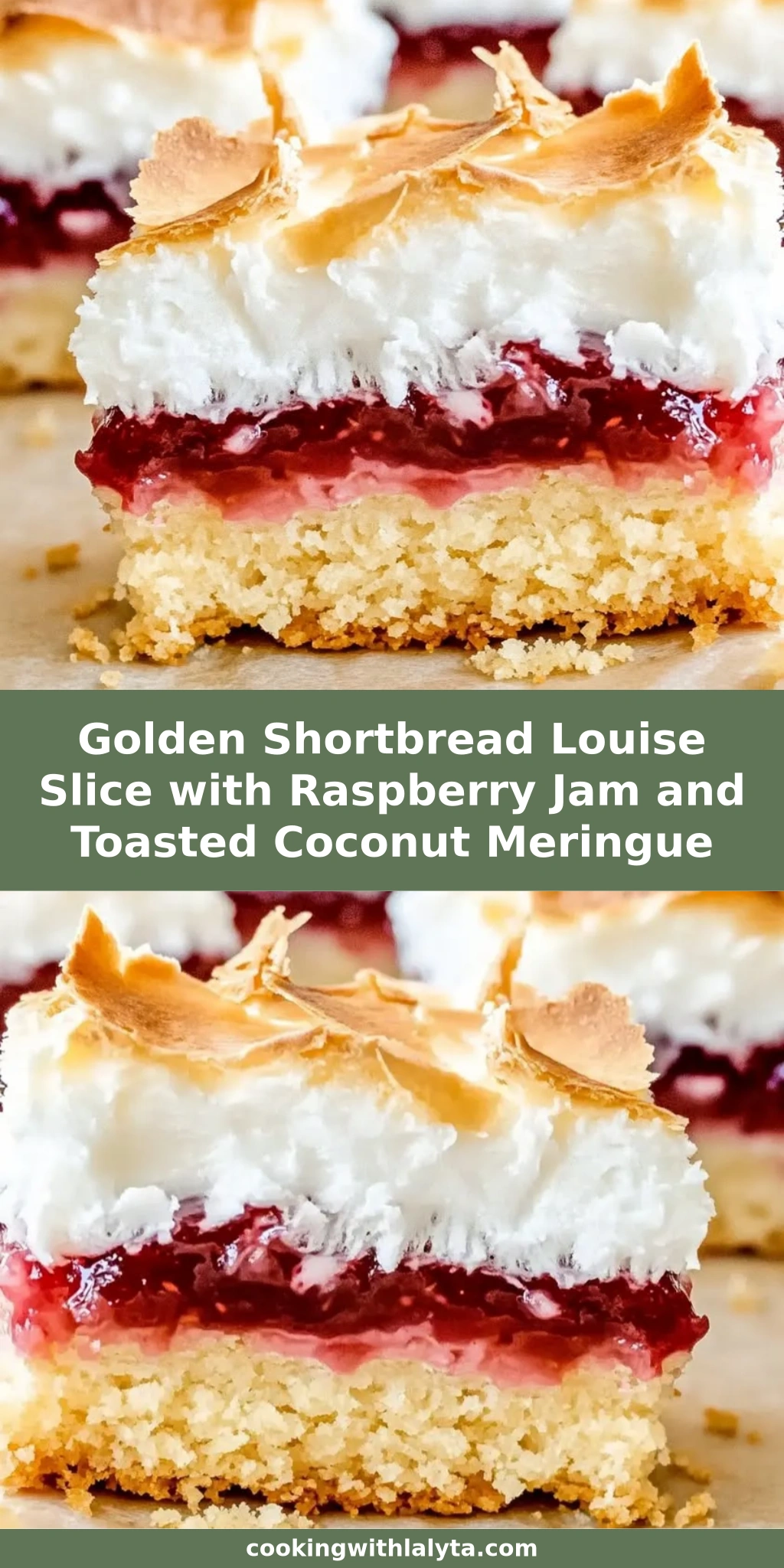 Golden Shortbread Louise Slice with Raspberry Jam and Toasted Coconut Meringue