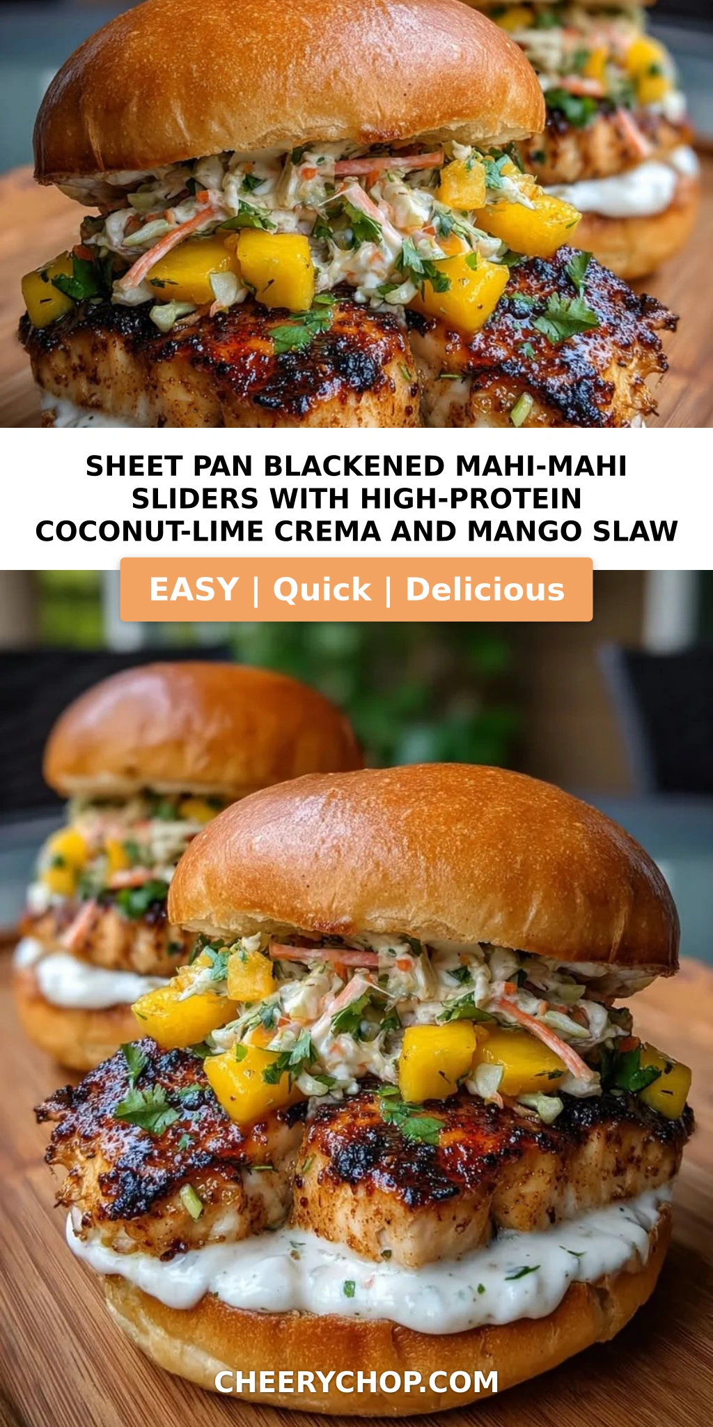 Sheet Pan Blackened Mahi-Mahi Sliders with High-Protein Coconut-Lime Crema and Mango Slaw