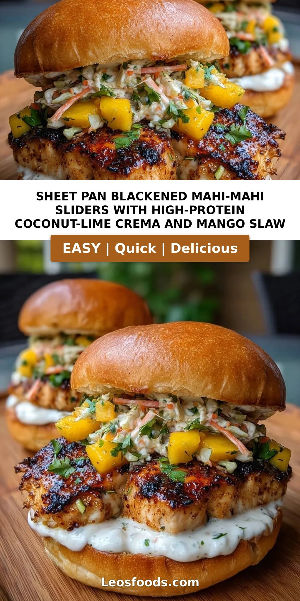 Sheet Pan Blackened Mahi-Mahi Sliders with High-Protein Coconut-Lime Crema and Mango Slaw