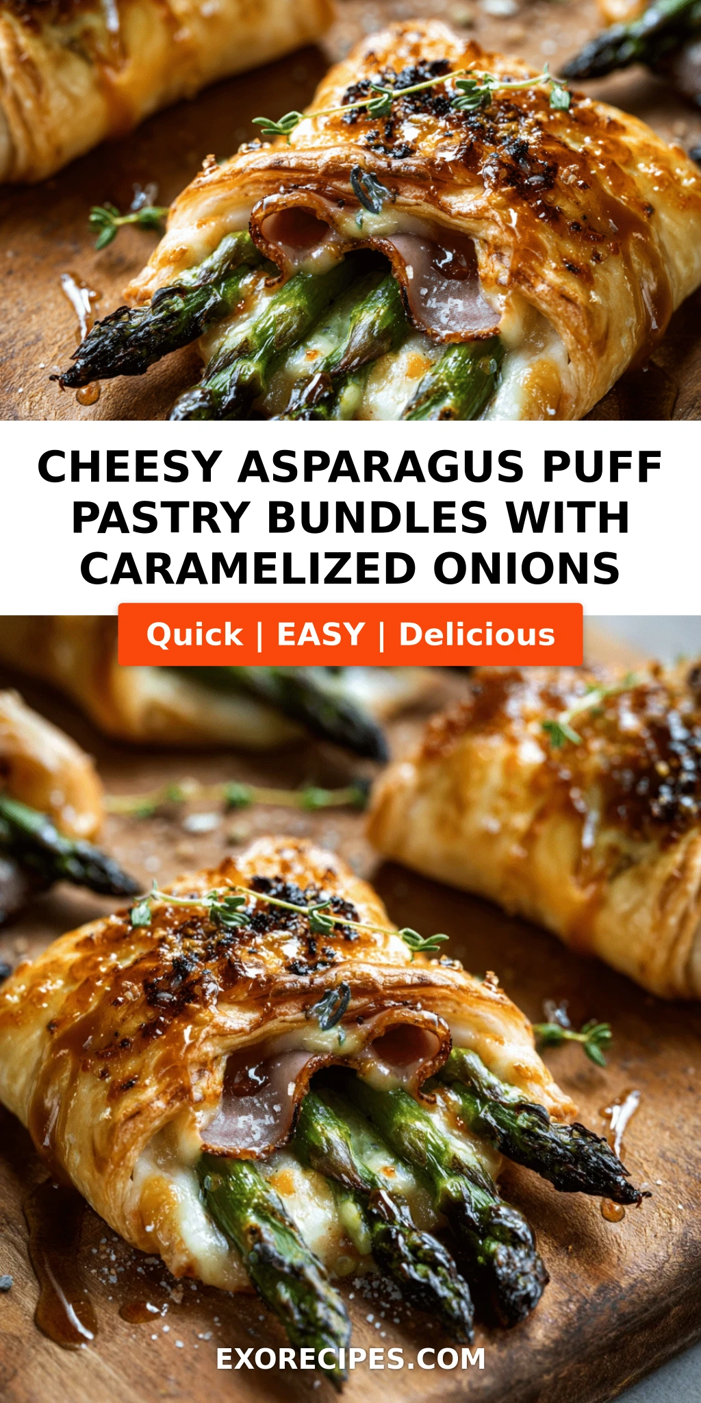 Cheesy Asparagus Puff Pastry Bundles with Caramelized Onions
