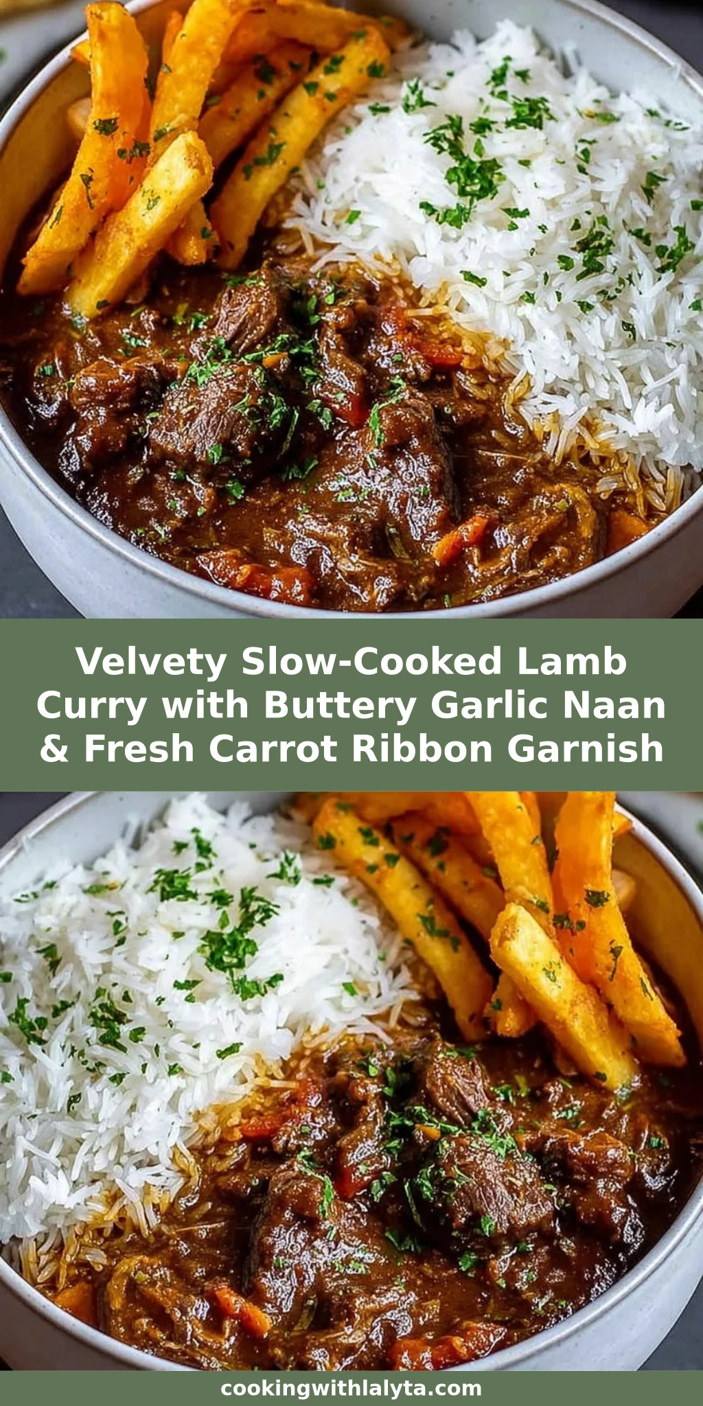 Velvety Slow-Cooked Lamb Curry with Buttery Garlic Naan & Fresh Carrot Ribbon Garnish