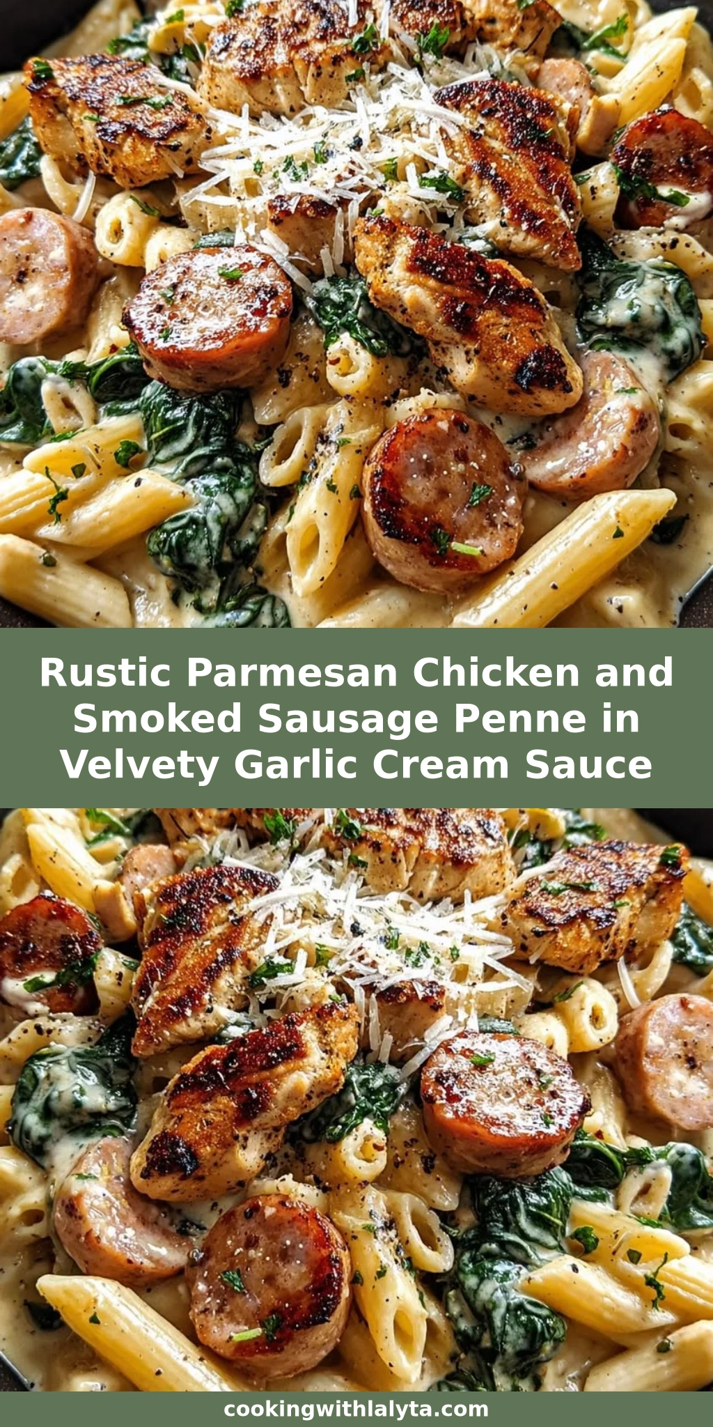 Rustic Parmesan Chicken and Smoked Sausage Penne in Velvety Garlic Cream Sauce