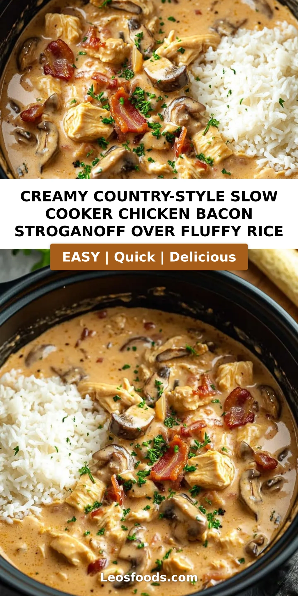 Creamy Country-Style Slow Cooker Chicken Bacon Stroganoff Over Fluffy Rice
