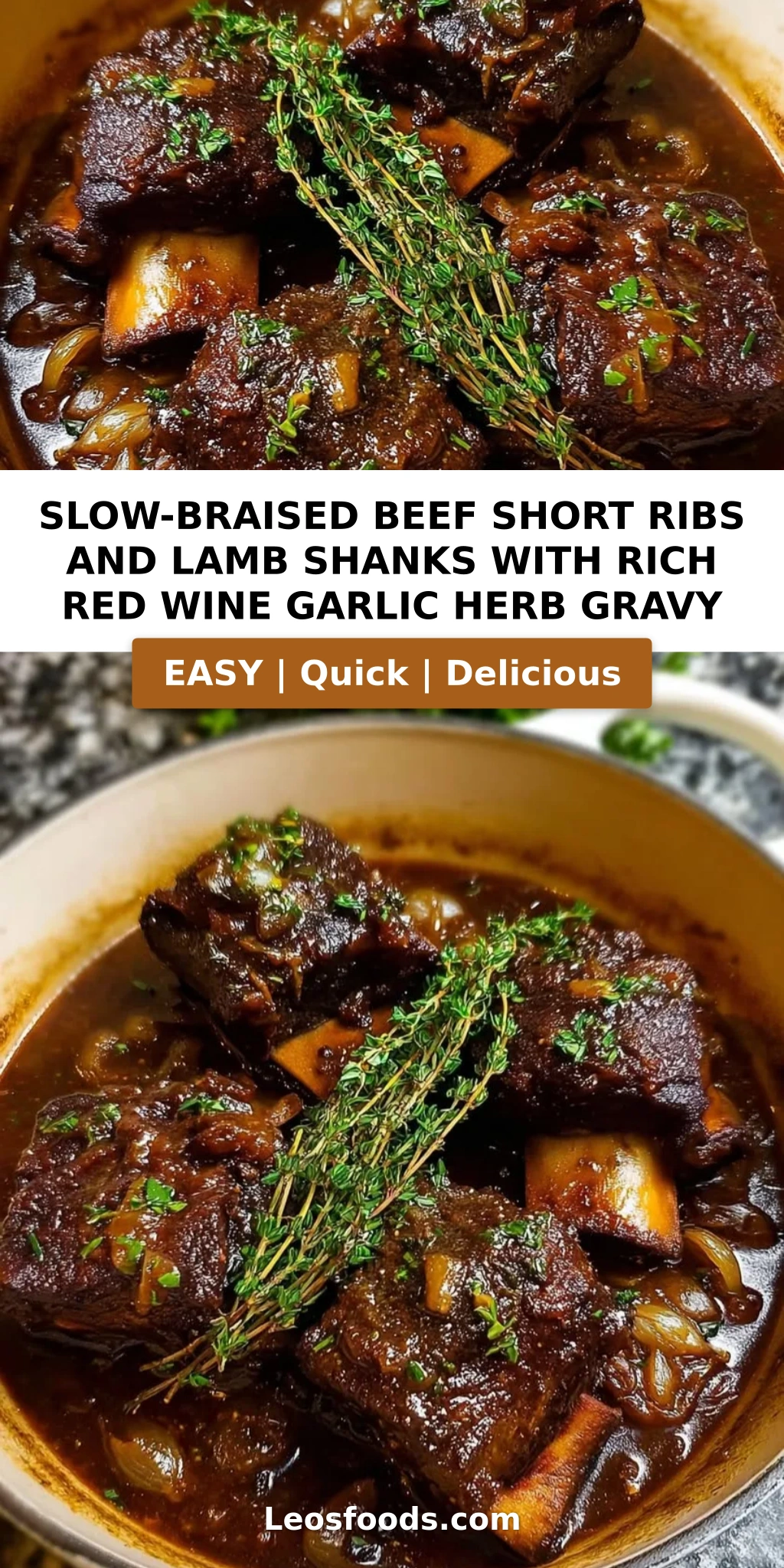 Slow-Braised Beef Short Ribs and Lamb Shanks with Rich Red Wine Garlic Herb Gravy