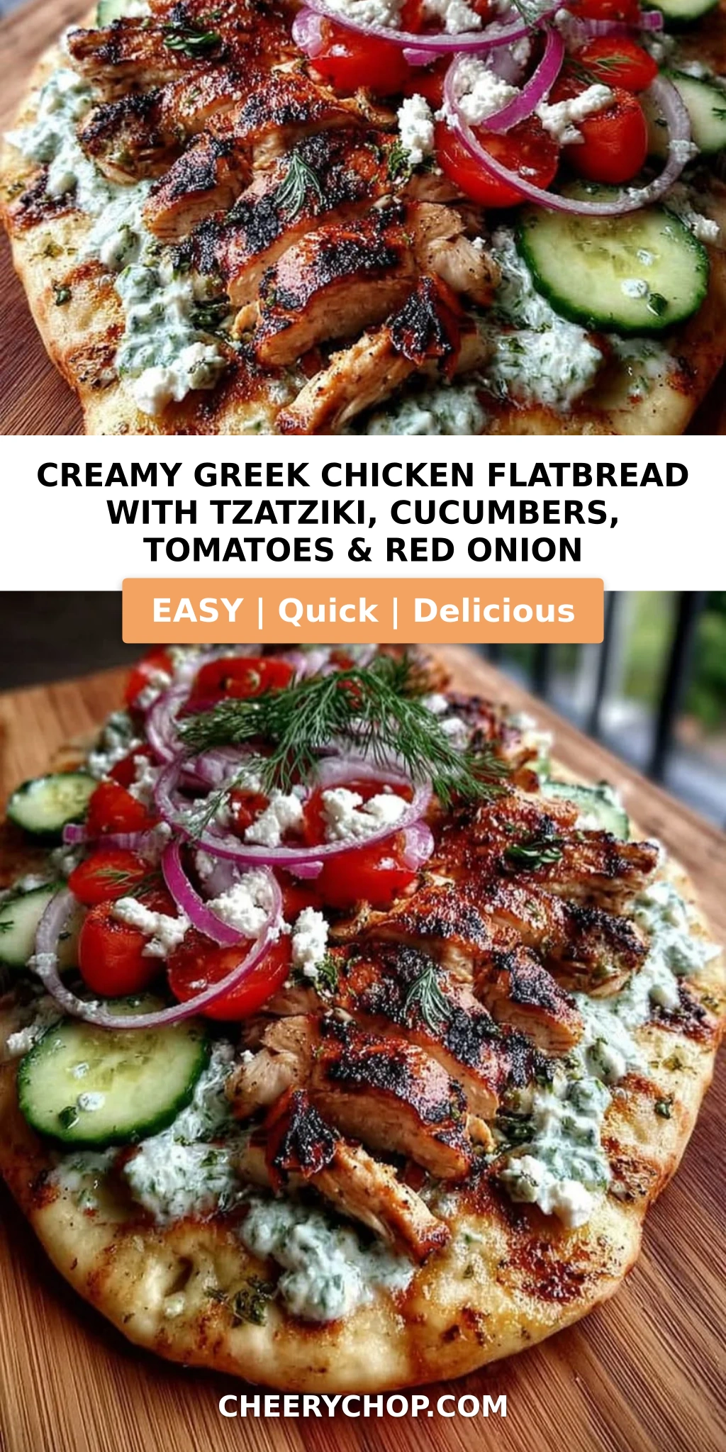 Creamy Greek Chicken Flatbread with Tzatziki, Cucumbers, Tomatoes & Red Onion