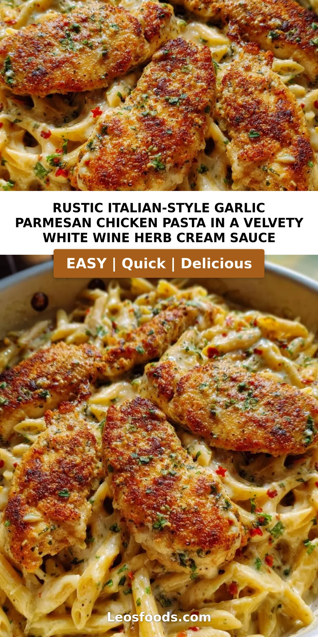 Rustic Italian-Style Garlic Parmesan Chicken Pasta in a Velvety White Wine Herb Cream Sauce