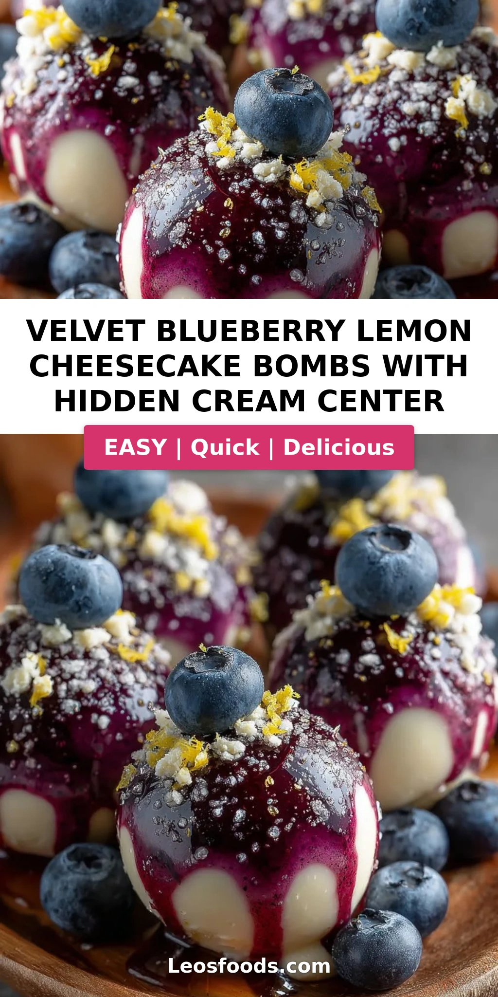 Velvet Blueberry Lemon Cheesecake Bombs with Hidden Cream Center