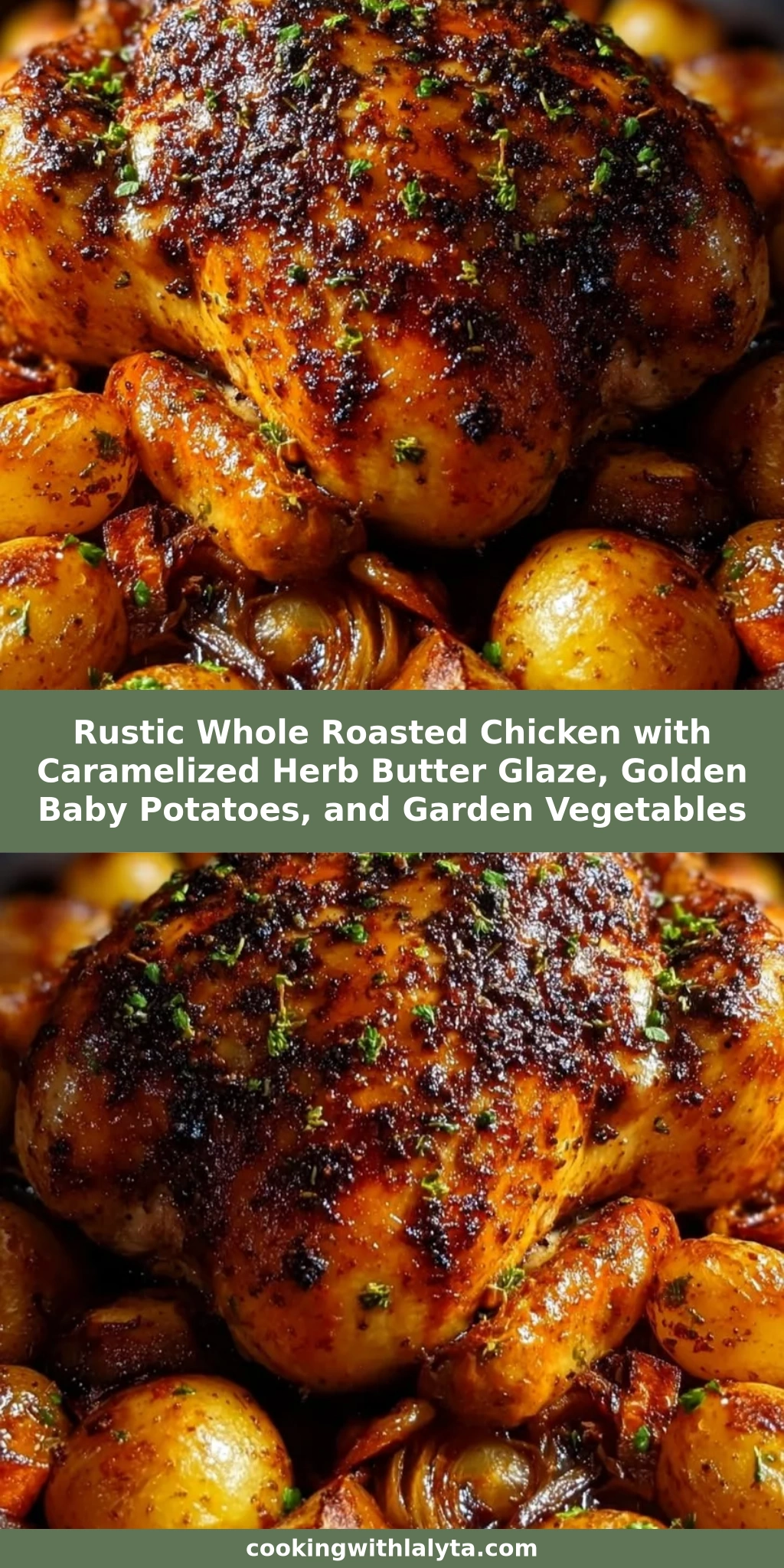 Rustic Whole Roasted Chicken with Caramelized Herb Butter Glaze, Golden Baby Potatoes, and Garden Vegetables