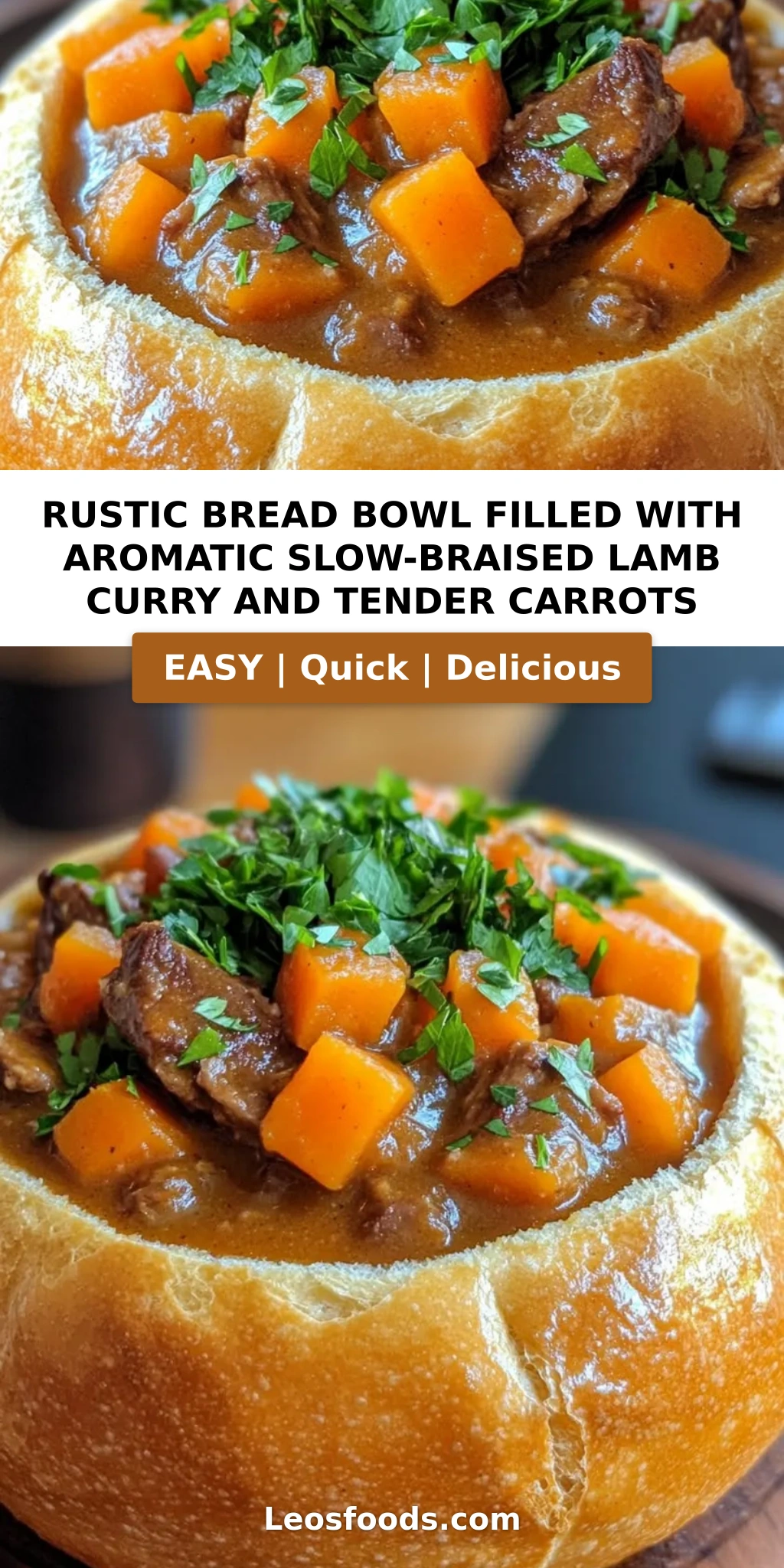 Rustic Bread Bowl Filled with Aromatic Slow-Braised Lamb Curry and Tender Carrots