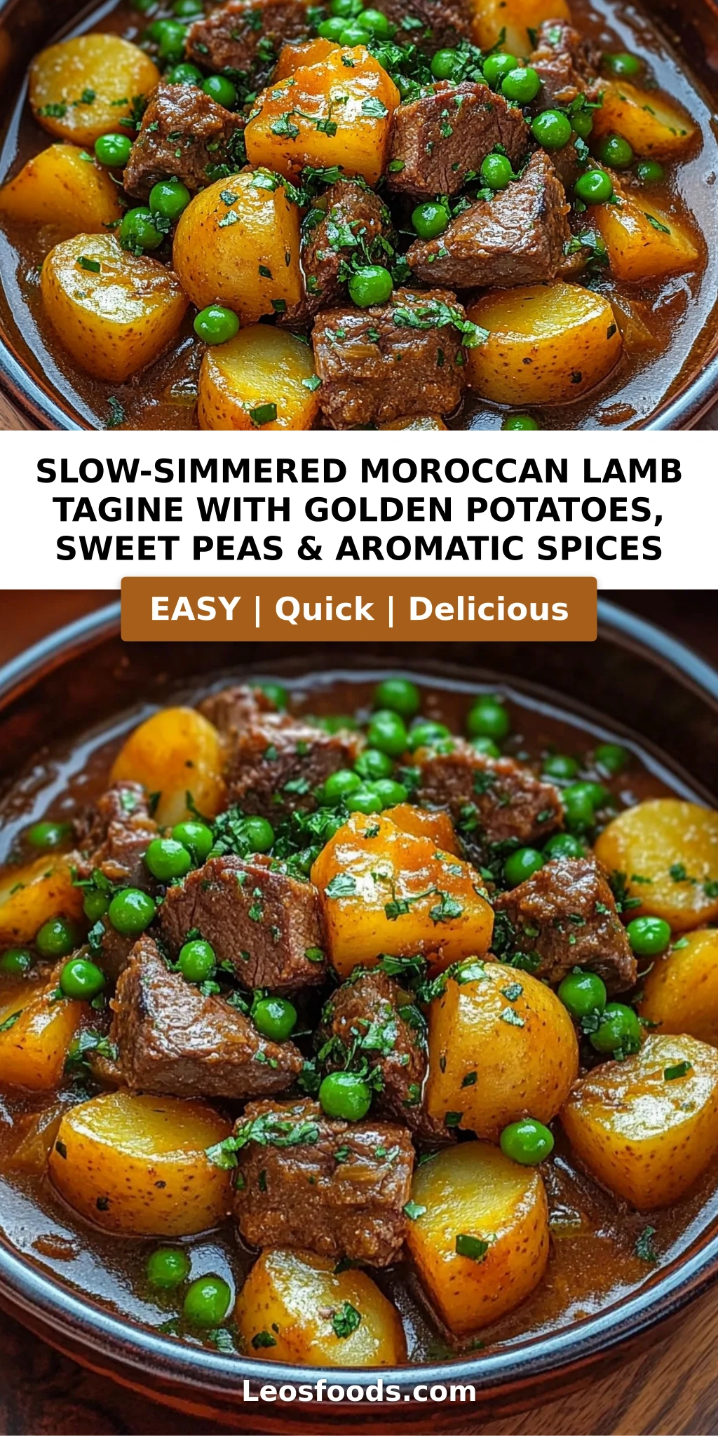 Slow-Simmered Moroccan Lamb Tagine with Golden Potatoes, Sweet Peas & Aromatic Spices