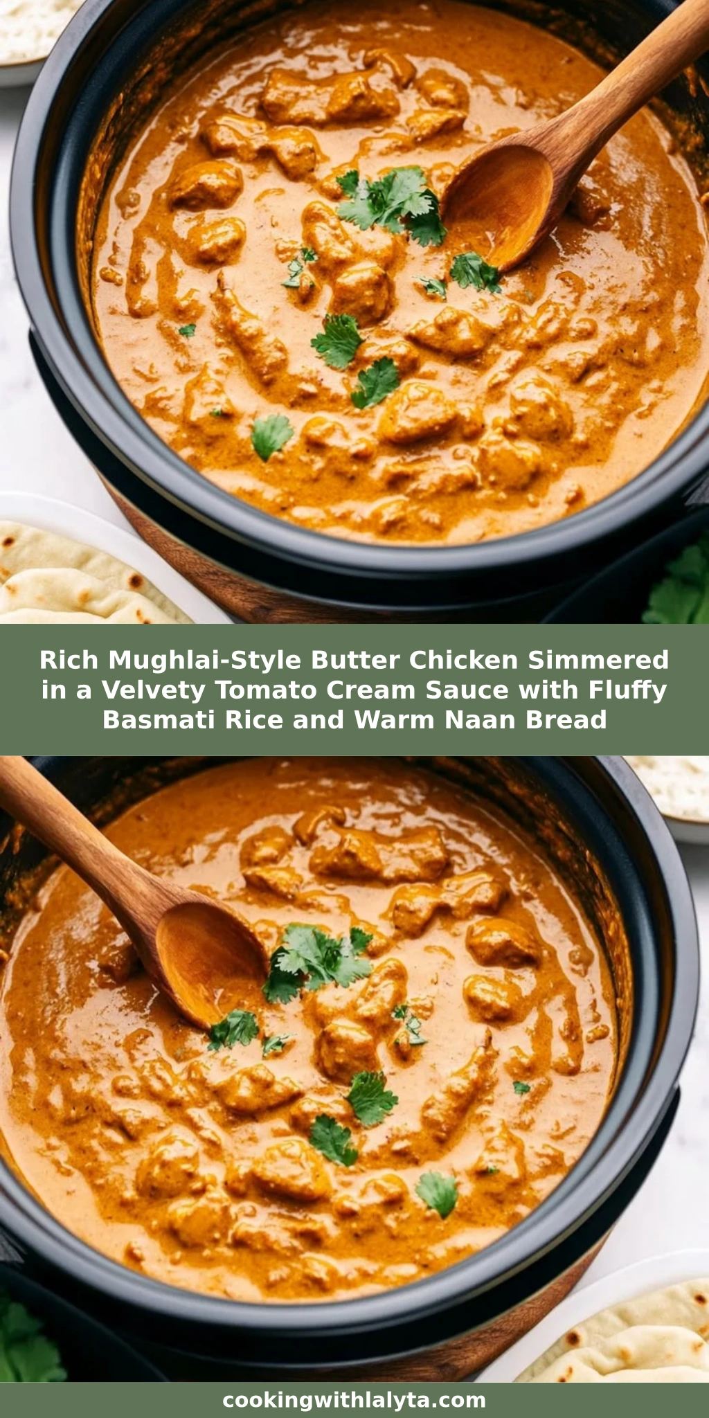 Rich Mughlai-Style Butter Chicken Simmered in a Velvety Tomato Cream Sauce with Fluffy Basmati Rice and Warm Naan Bread