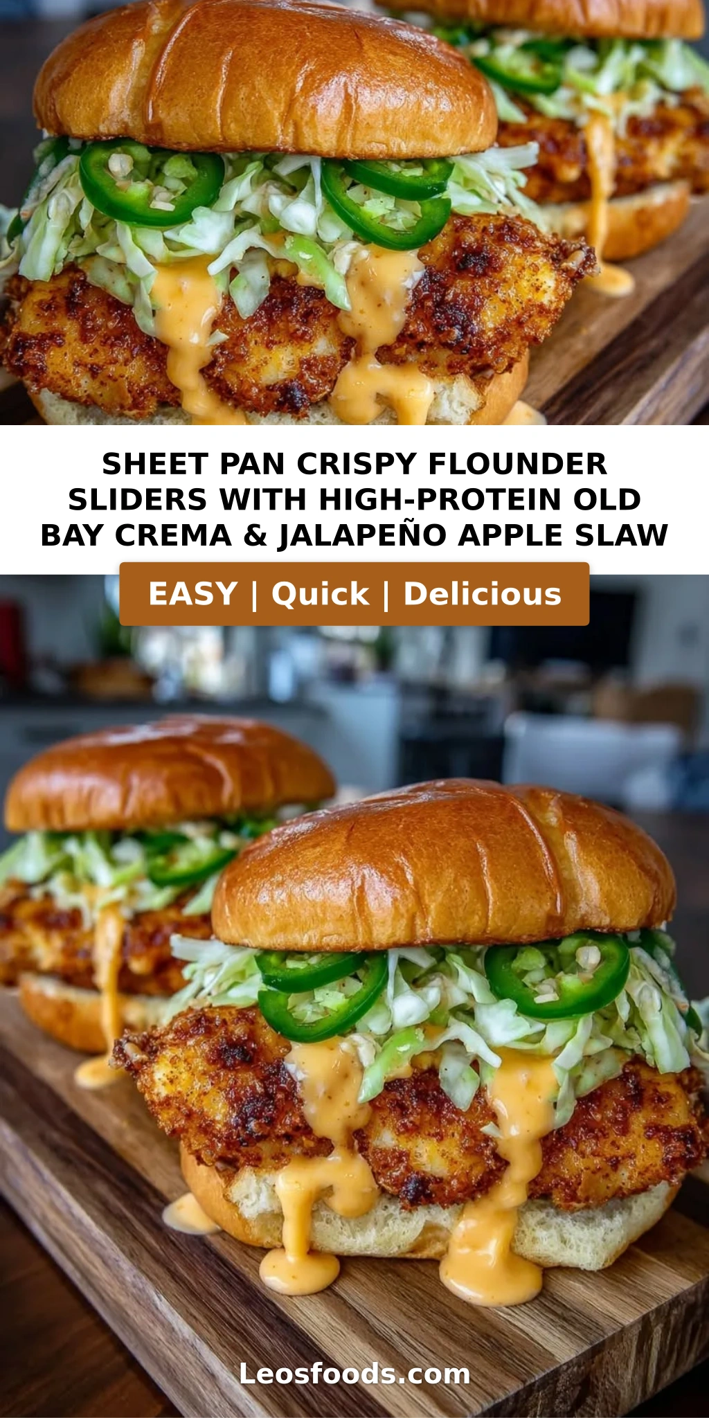 Sheet Pan Crispy Flounder Sliders with High-Protein Old Bay Crema & Jalapeño Apple Slaw