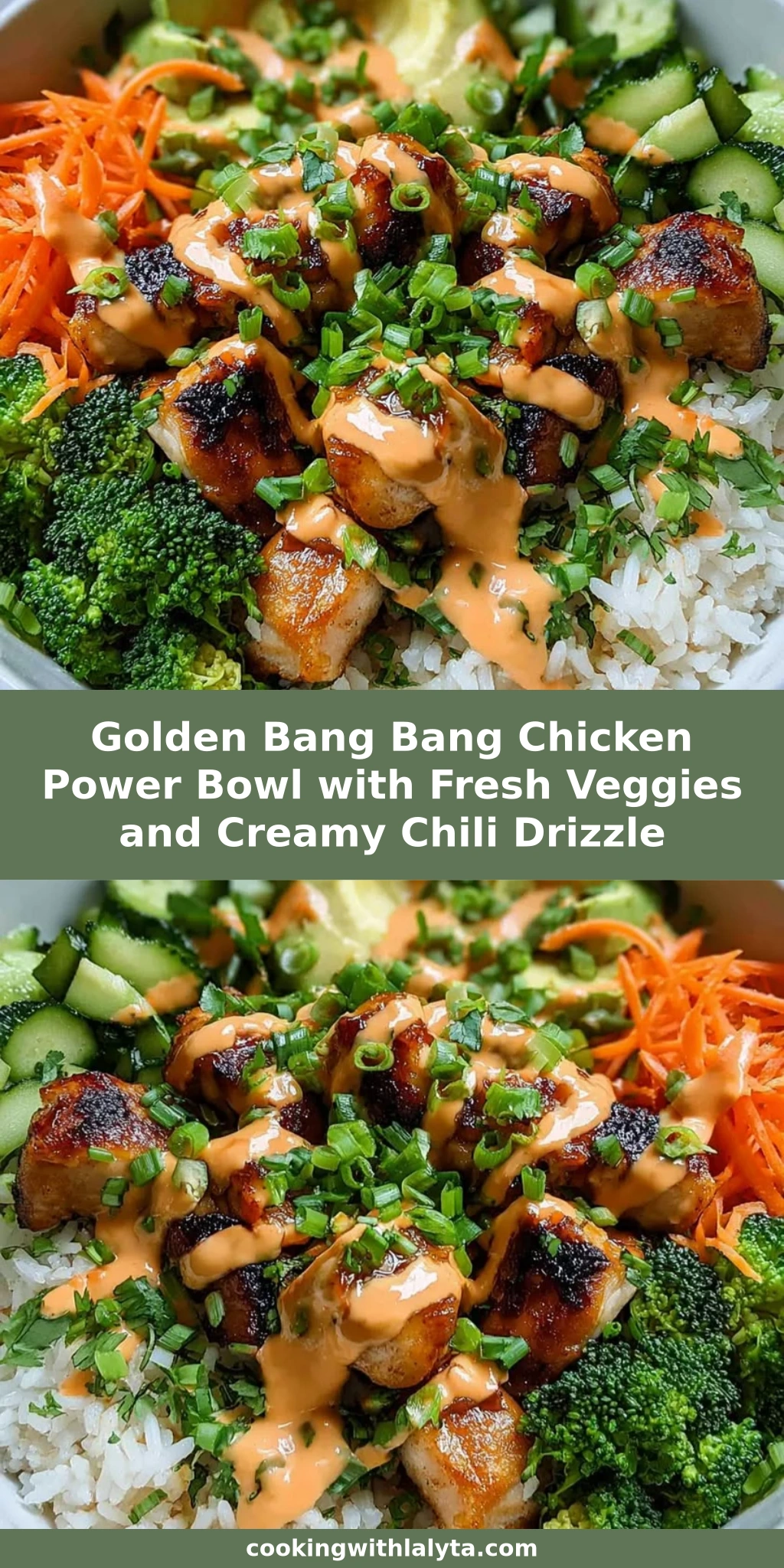 Golden Bang Bang Chicken Power Bowl with Fresh Veggies and Creamy Chili Drizzle