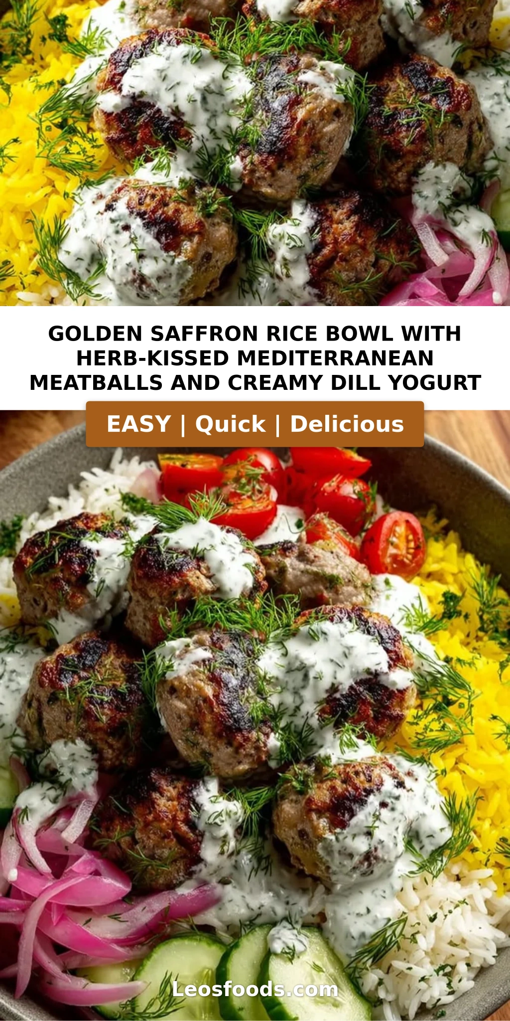 Golden Saffron Rice Bowl with Herb-Kissed Mediterranean Meatballs and Creamy Dill Yogurt
