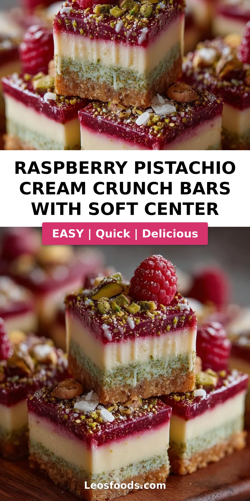 Raspberry Pistachio Cream Crunch Bars with Soft Center